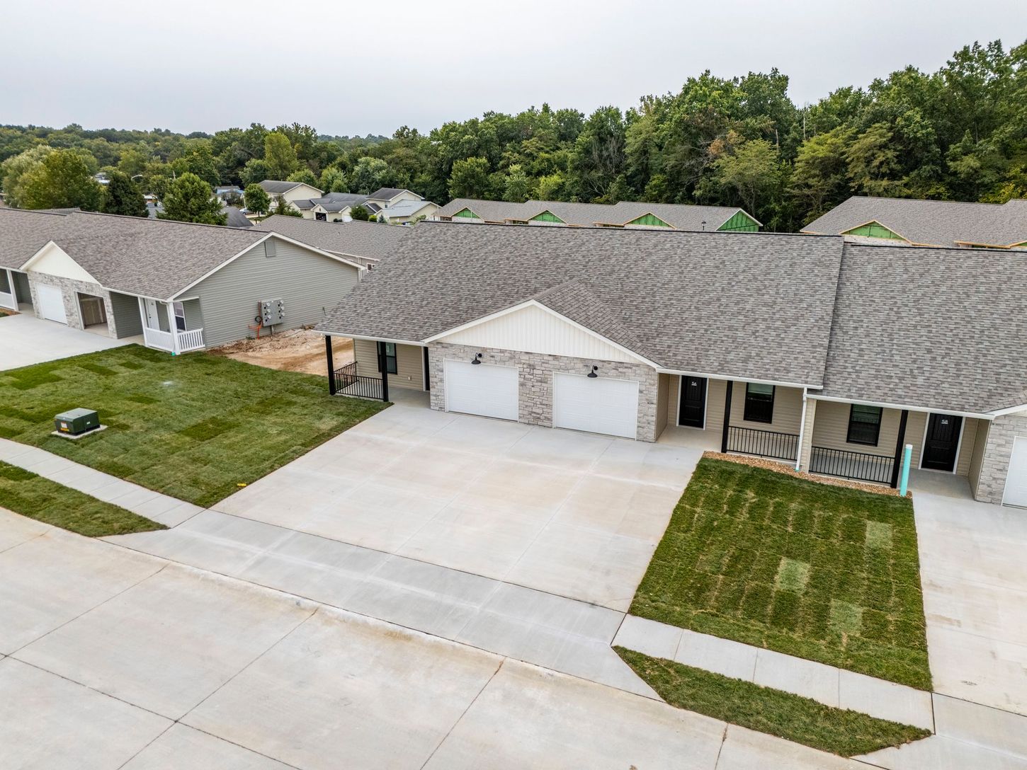 Suburban single-story houses with a large concrete driveway and green lawns on a cloudy day