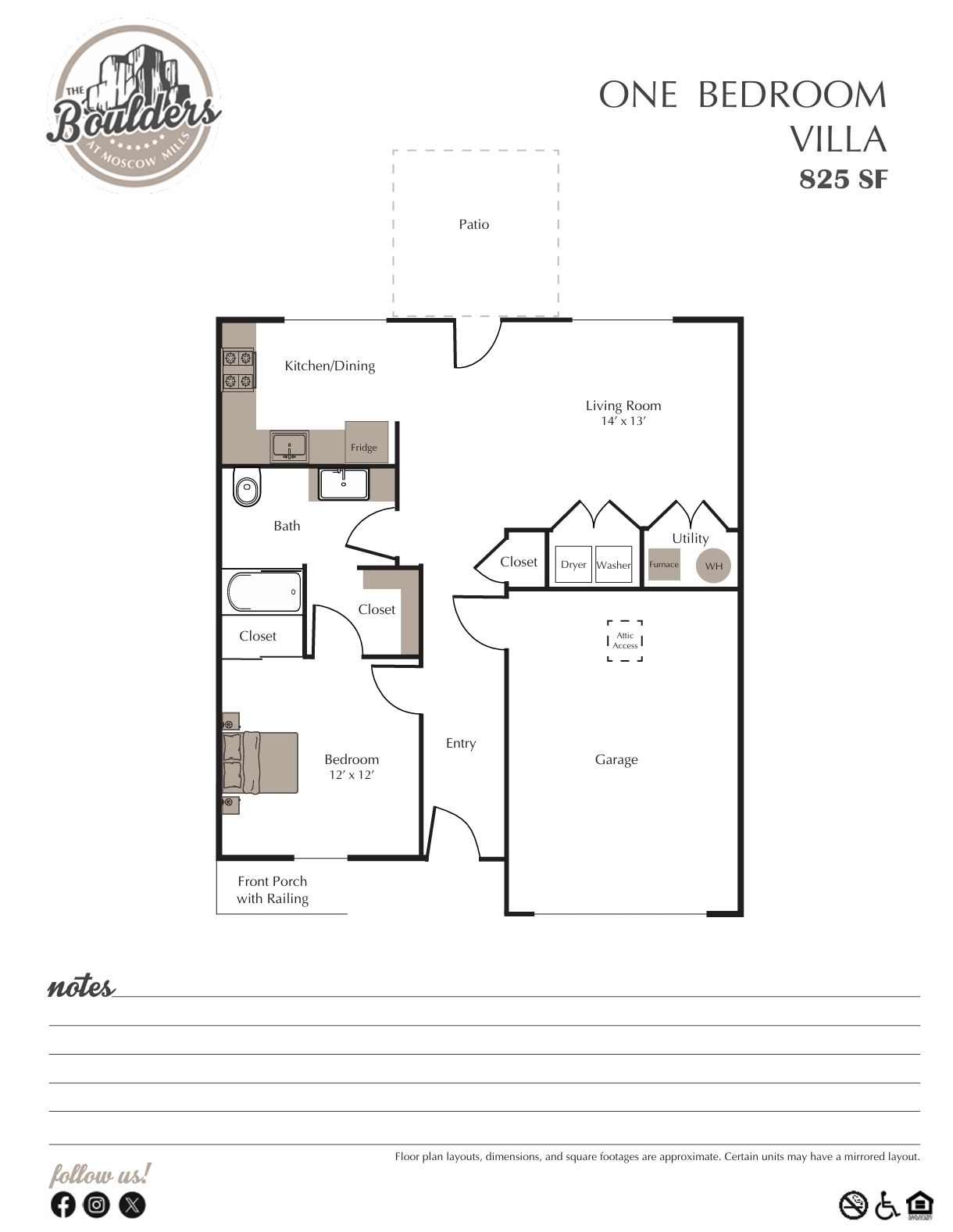 One-bedroom apartment floor plan with kitchen, bathroom, bedroom, and living area.