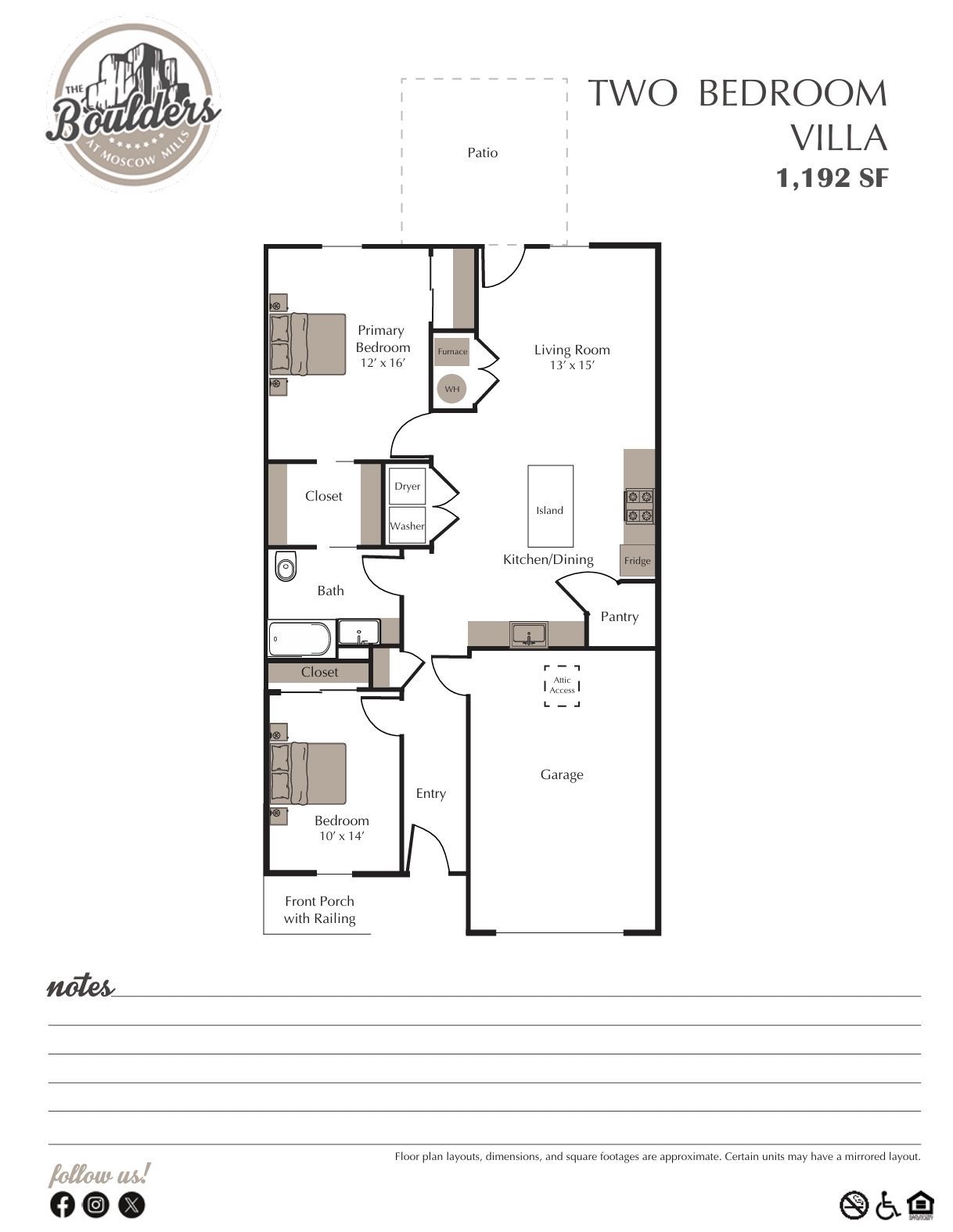 Two-bedroom villa floor plan with multiple rooms and labeled square footage