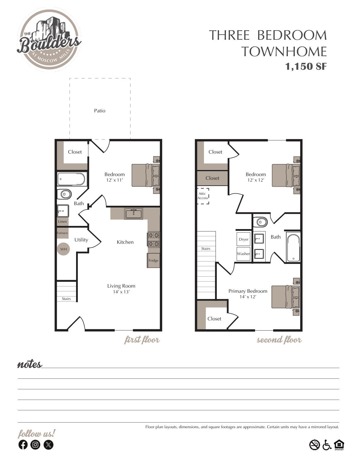 Three-bedroom townhome floor plan with two layouts, 1,150 SF, showing rooms and stairs