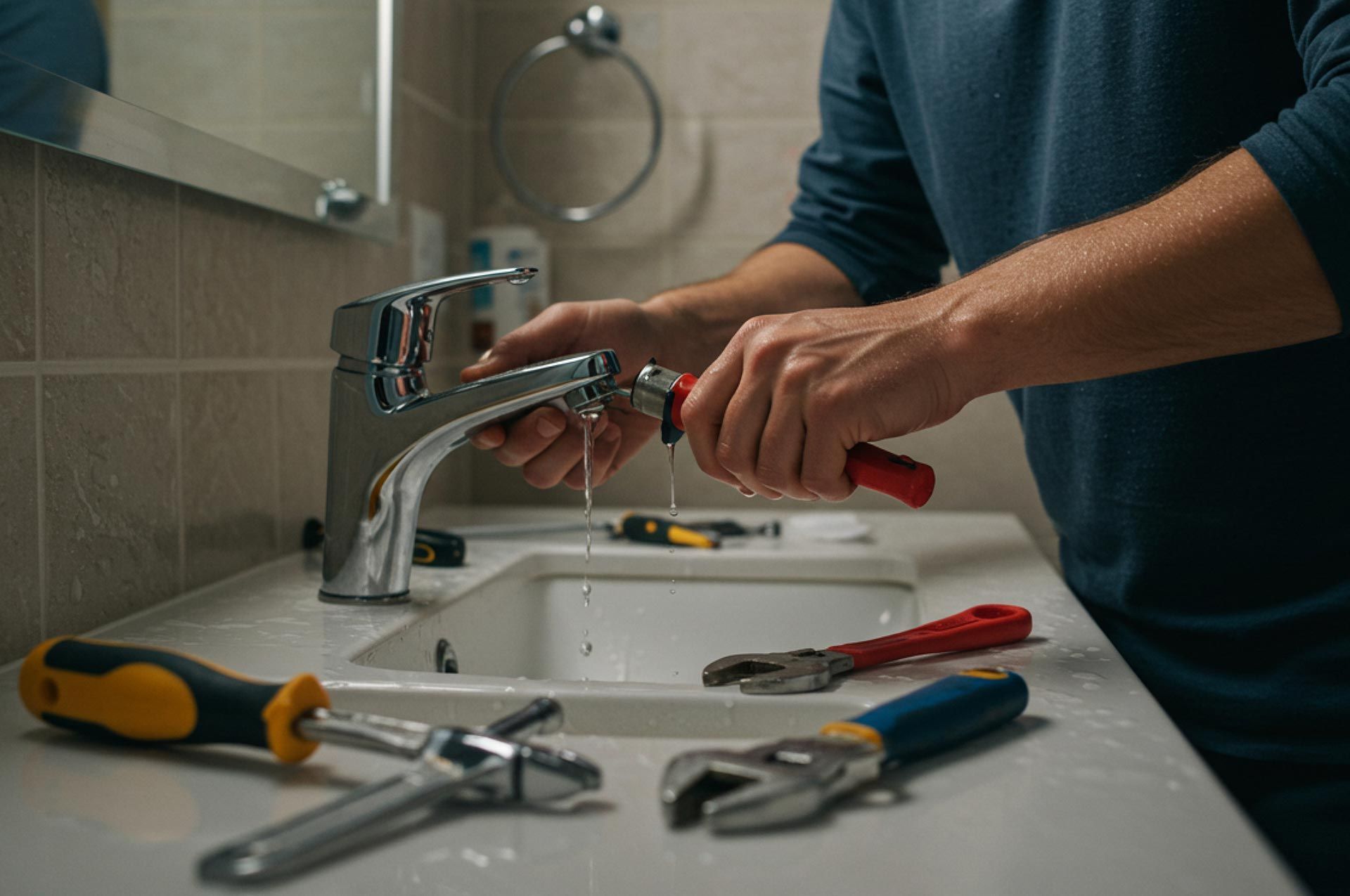 Plumber using a wrench to fix a leaky faucet in a bathroom. Tools on the sink. Plumber using a wrench to fix a leaky faucet in a bathroom. Tools on the sink.