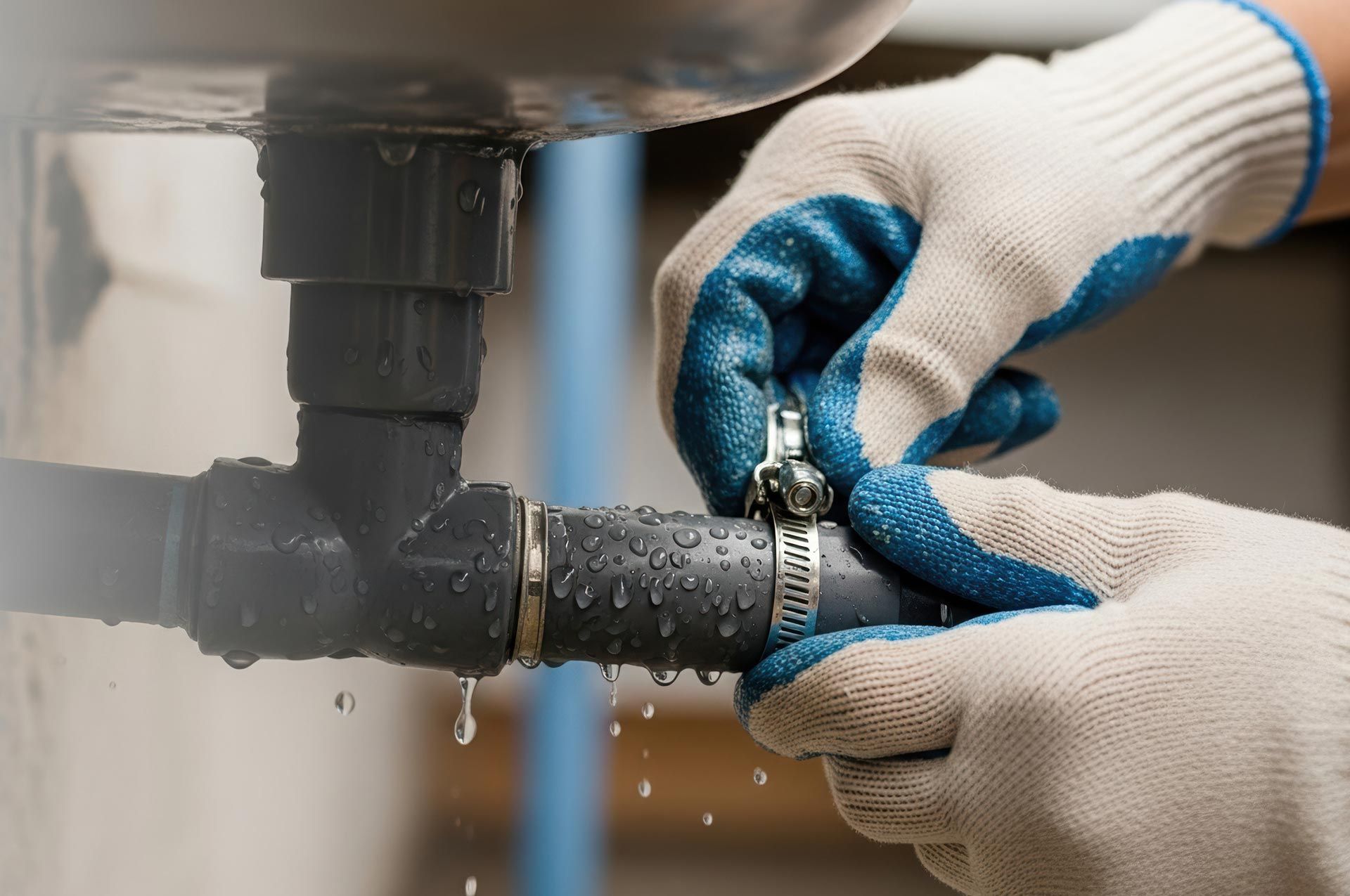 Hands in blue and white work gloves tightening a clamp on a leaking pipe. Hands in blue and white work gloves tightening a clamp on a leaking pipe.