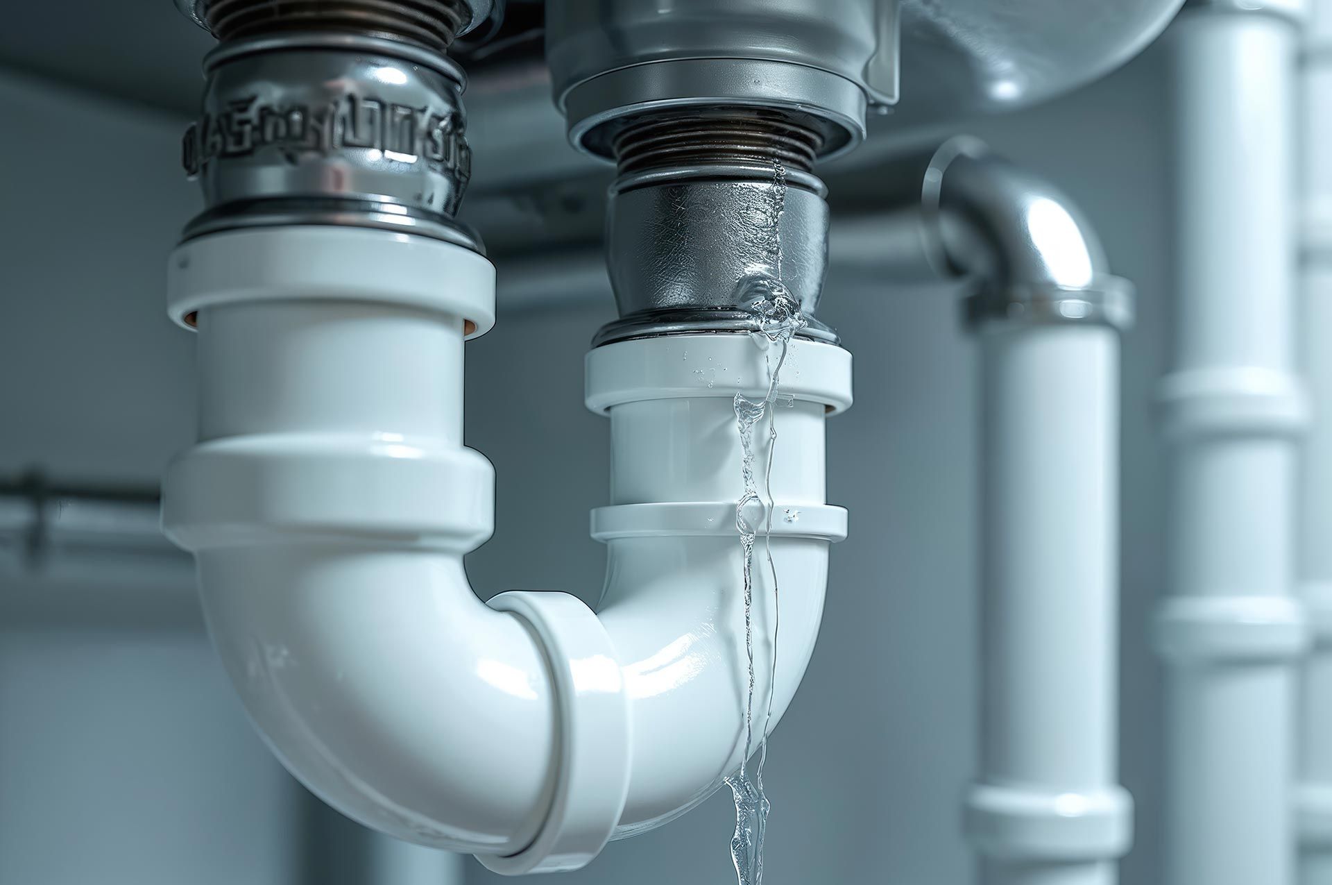 Leaking pipes under a sink, water dripping from a connection. Leaking pipes under a sink, water dripping from a connection.