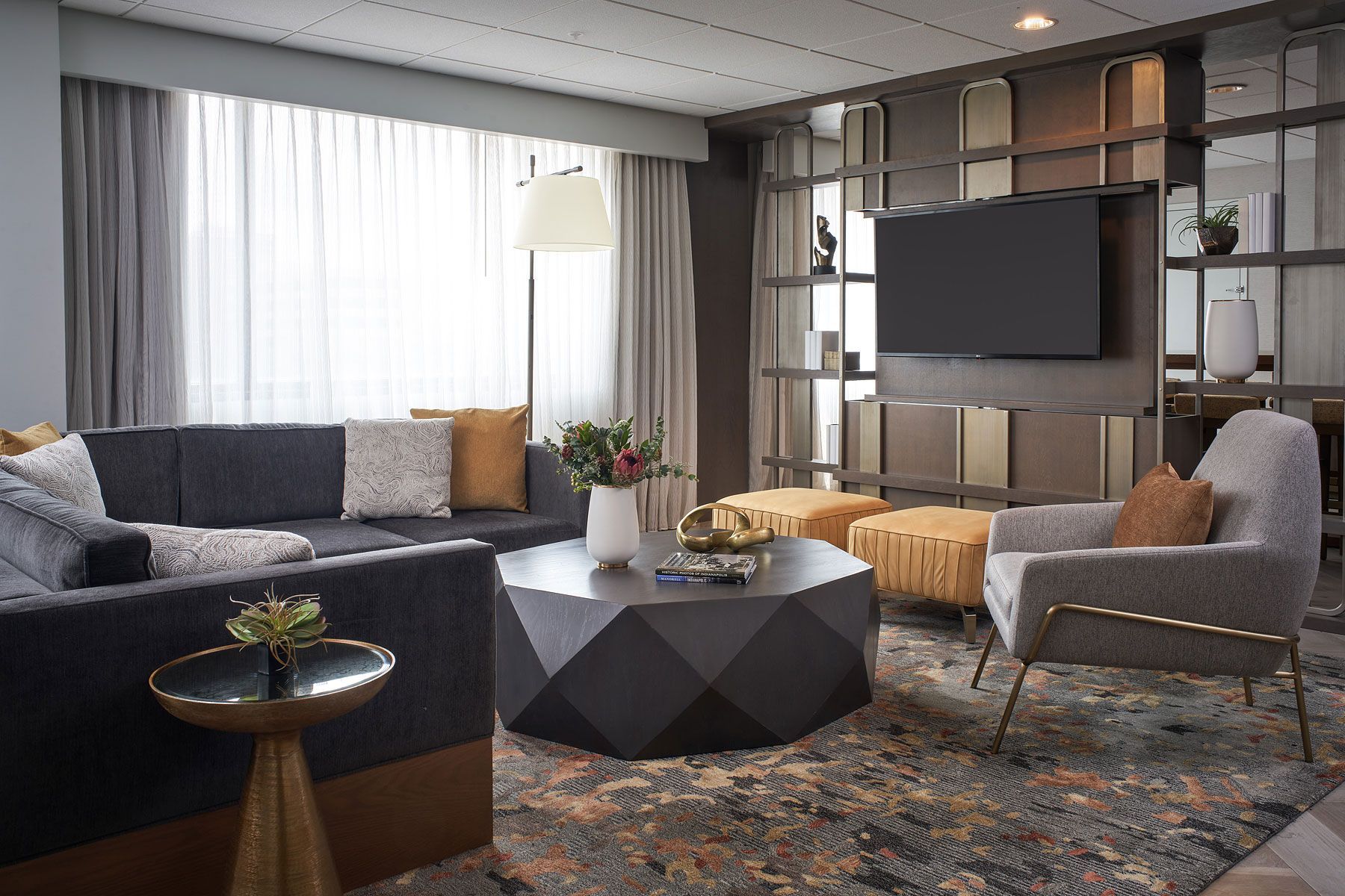 Living room with gray sofa, patterned rug, TV on wall, and modern furniture.