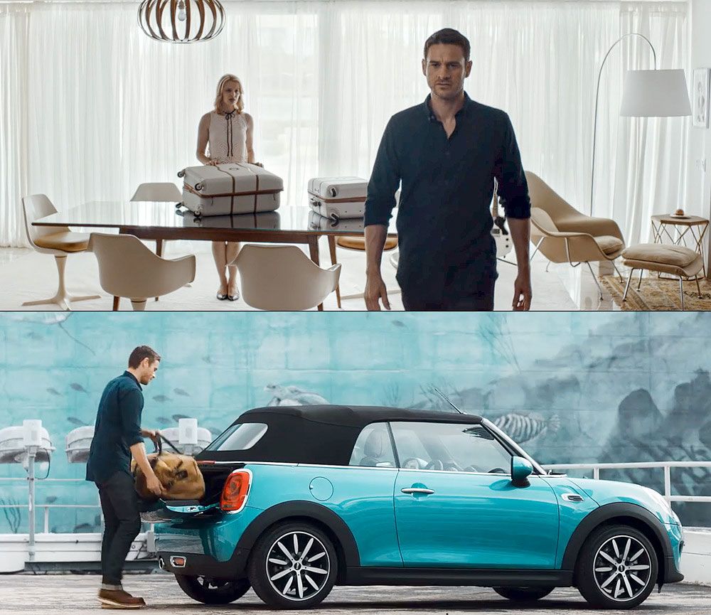 Man and woman with luggage in a modern home, then loading a teal convertible.