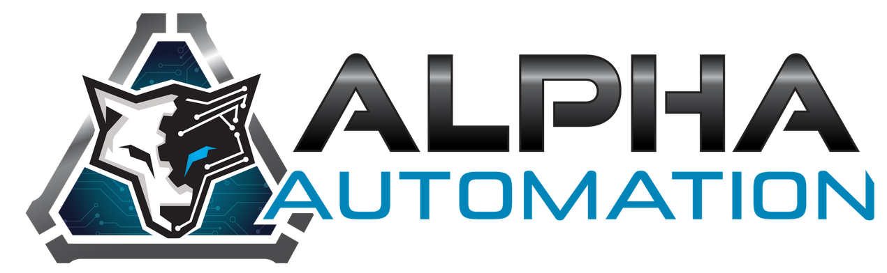 the logo for alpha automation has a wolf on it with technology circuit lines.