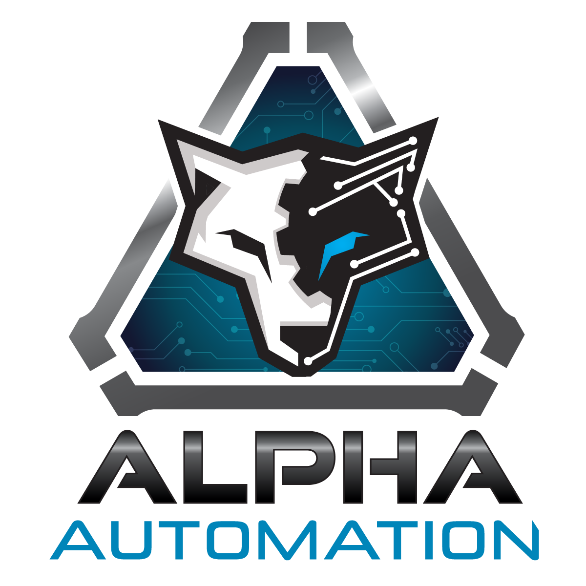 ALPHA AUTOMATION logo of a wolf with a technology background and one blue eye. MCC cabinet panel builders