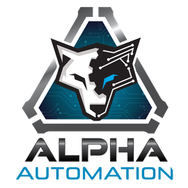 ALPHA AUTOMATION logo of a wolf with a technology background and one blue eye. MCC cabinet panel builders