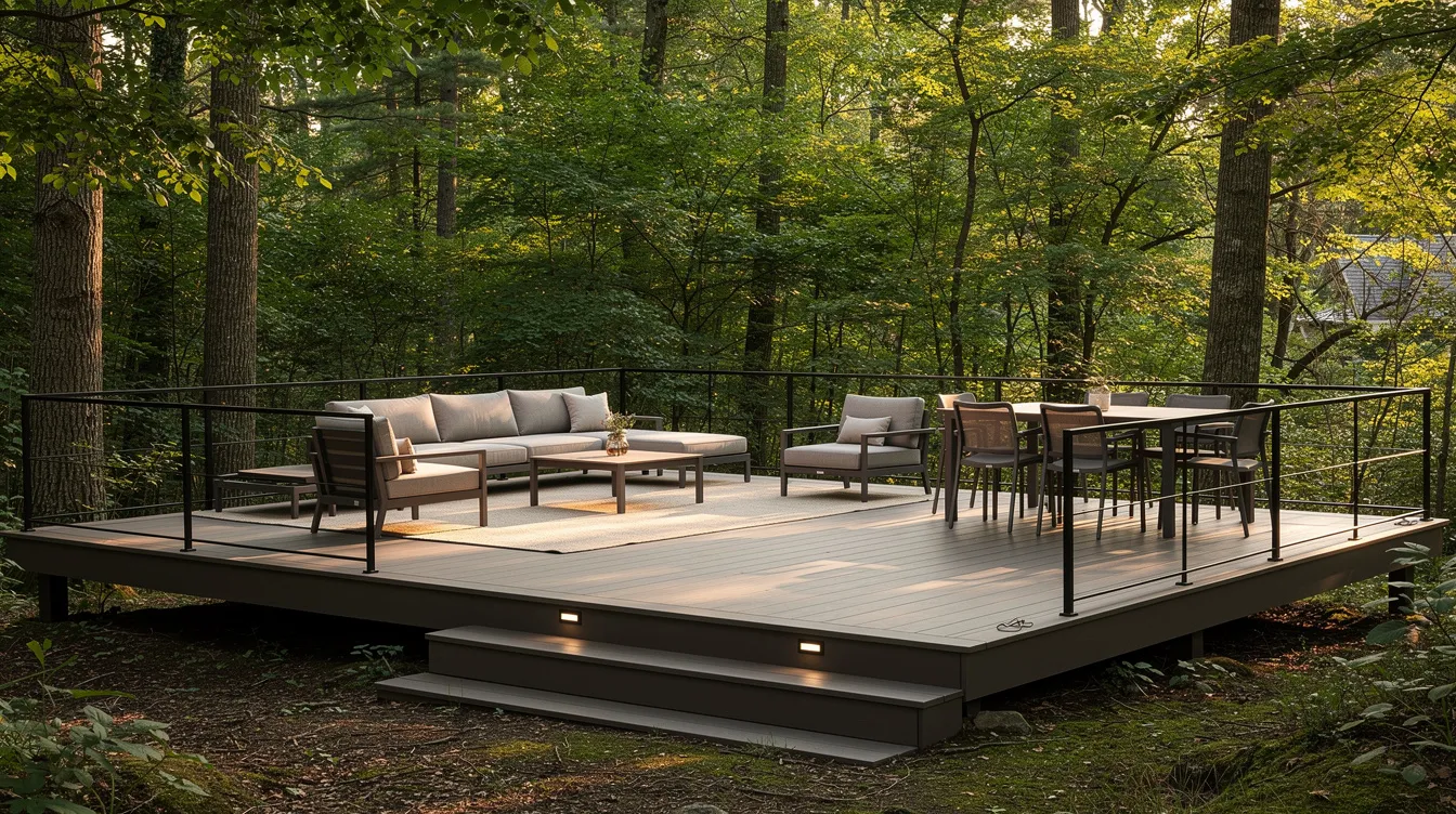 The image depicts a modern composite deck made from durable composite materials, surrounded by mature trees in a wooded New Jersey property. The outdoor space features comfortable furniture, showcasing the realistic wood grain of the composite deck boards, which offer a low-maintenance alternative to traditional wood decking.