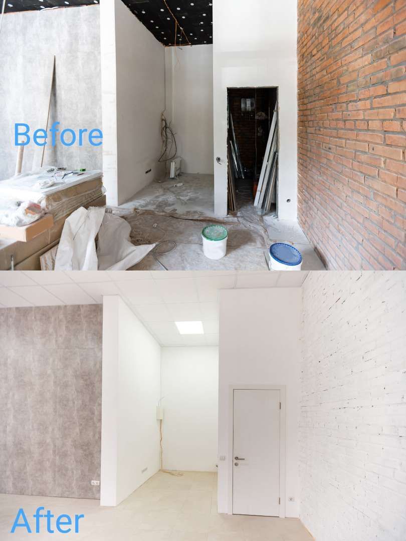 Before-and-after of a renovated room: exposed brick and debris transformed into a white finished interior.