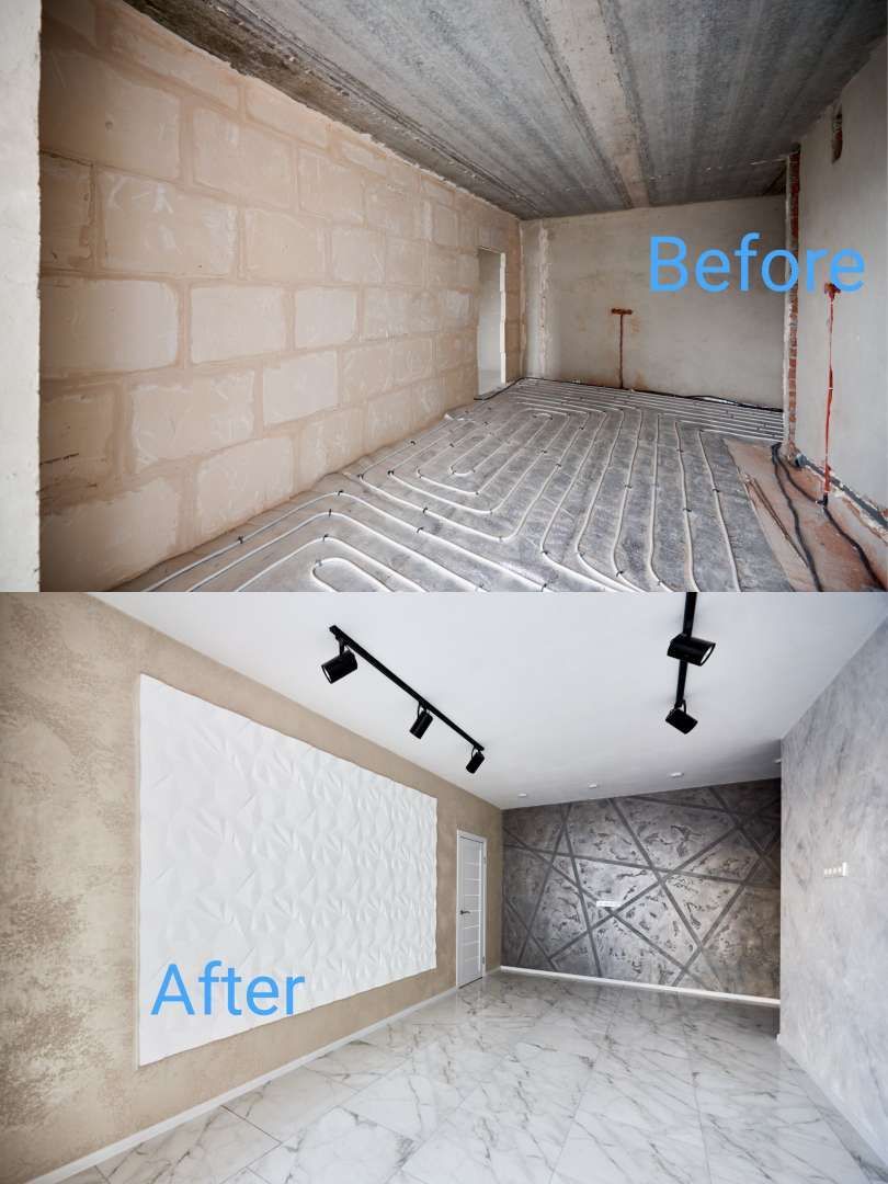 Before-and-after renovation of an empty room with exposed block walls and a finished white interior.