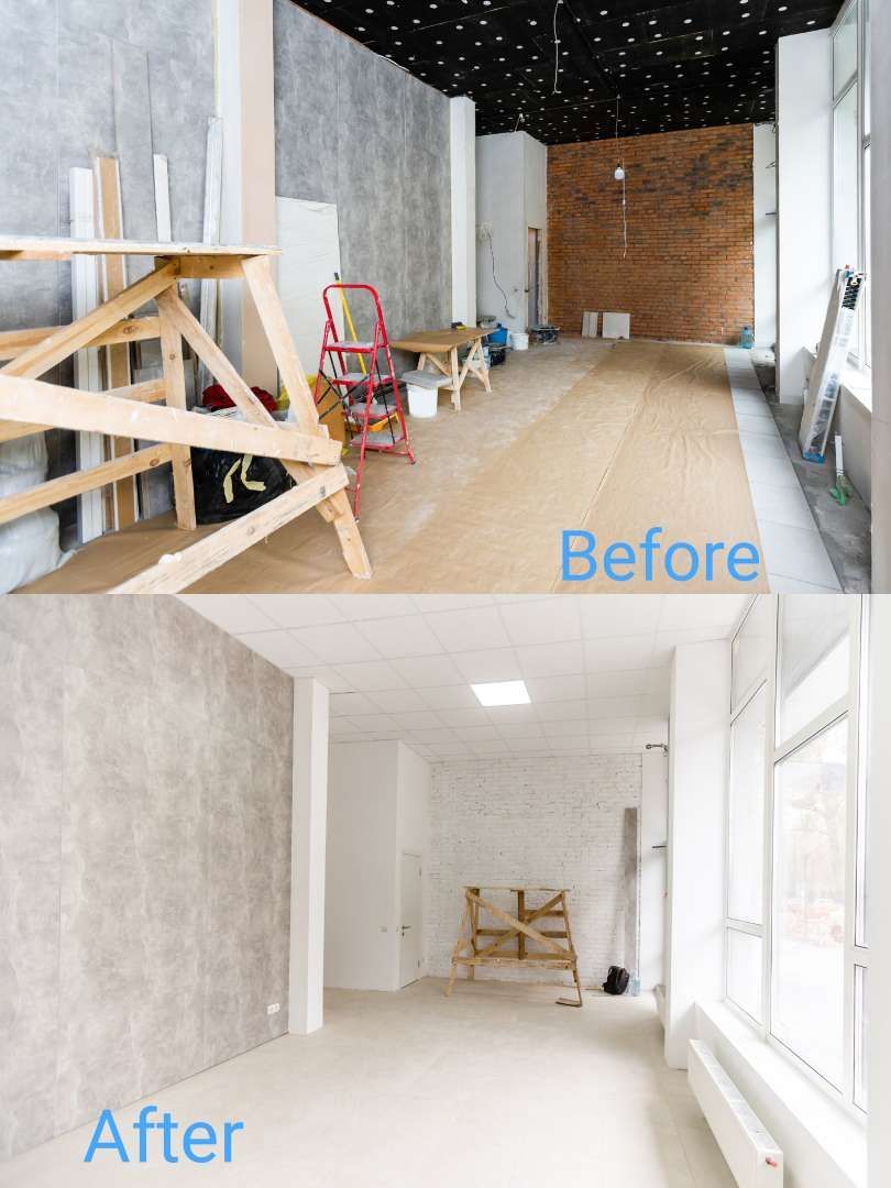 Before-and-after interior renovation of a hallway with unfinished walls and a bright white finished space.