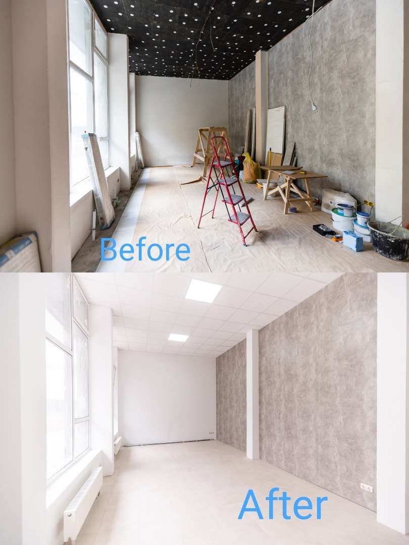 Split view of a narrow interior room before renovation and after, showing a clean finished white space.