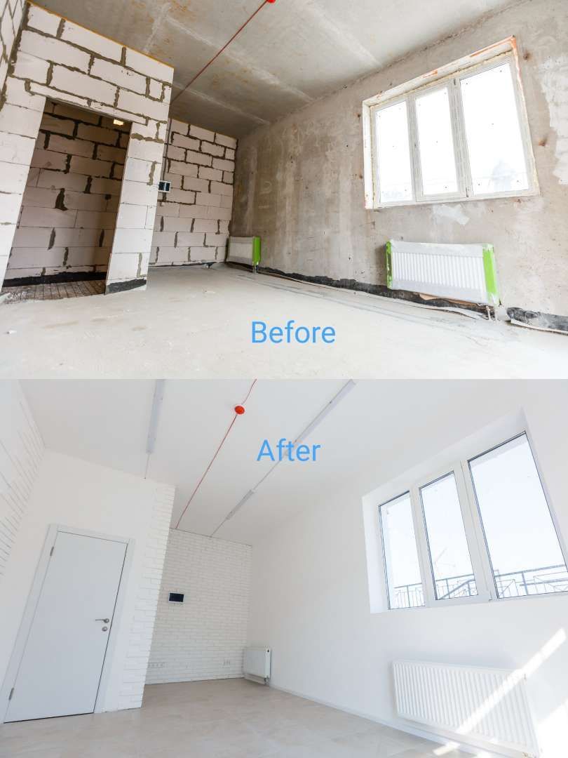 Renovated room before-and-after: unfinished brick walls transformed into bright white interior with window and door