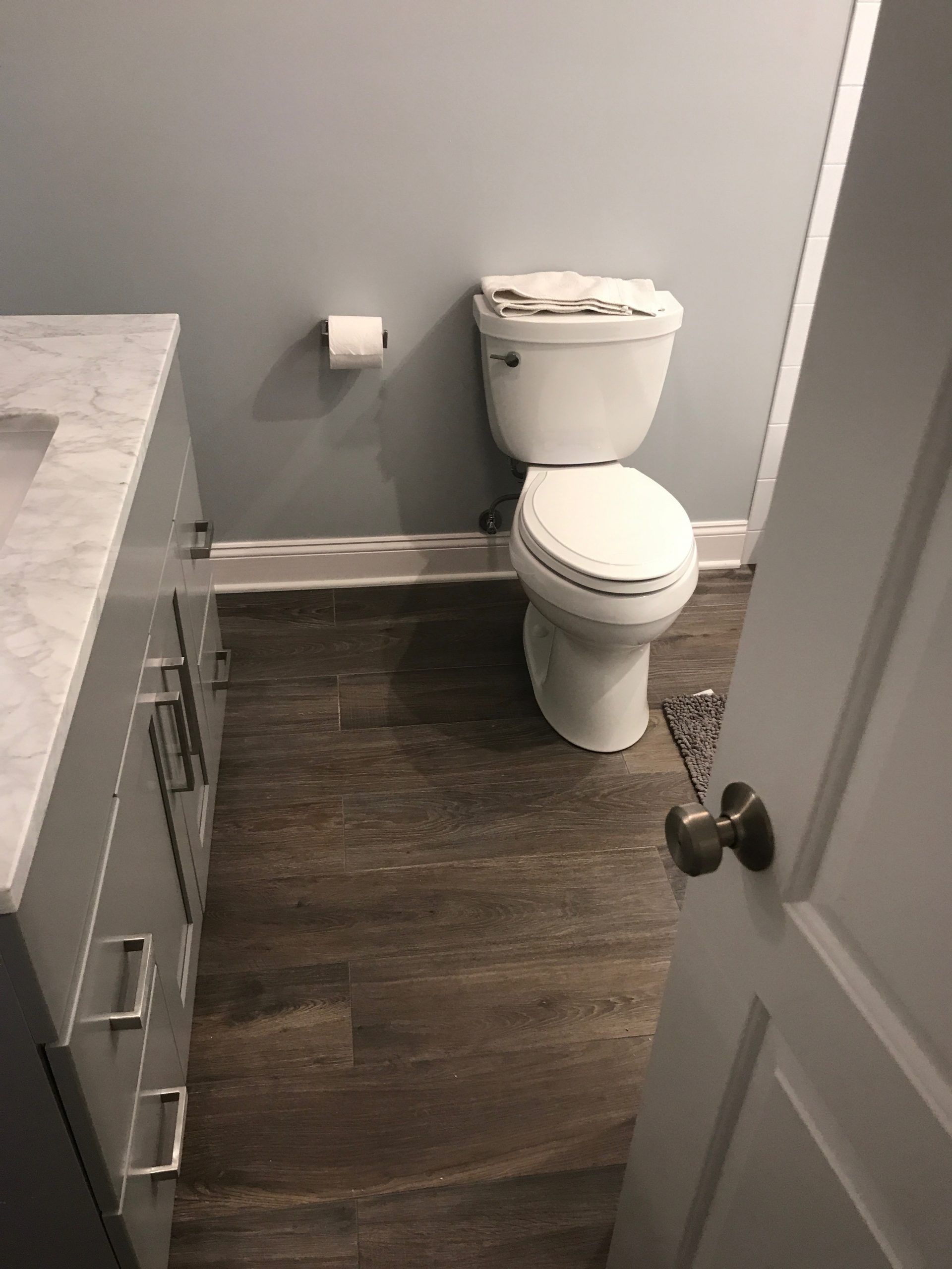 Small bathroom with white toilet and dark wood floor, viewed through a partially open door.