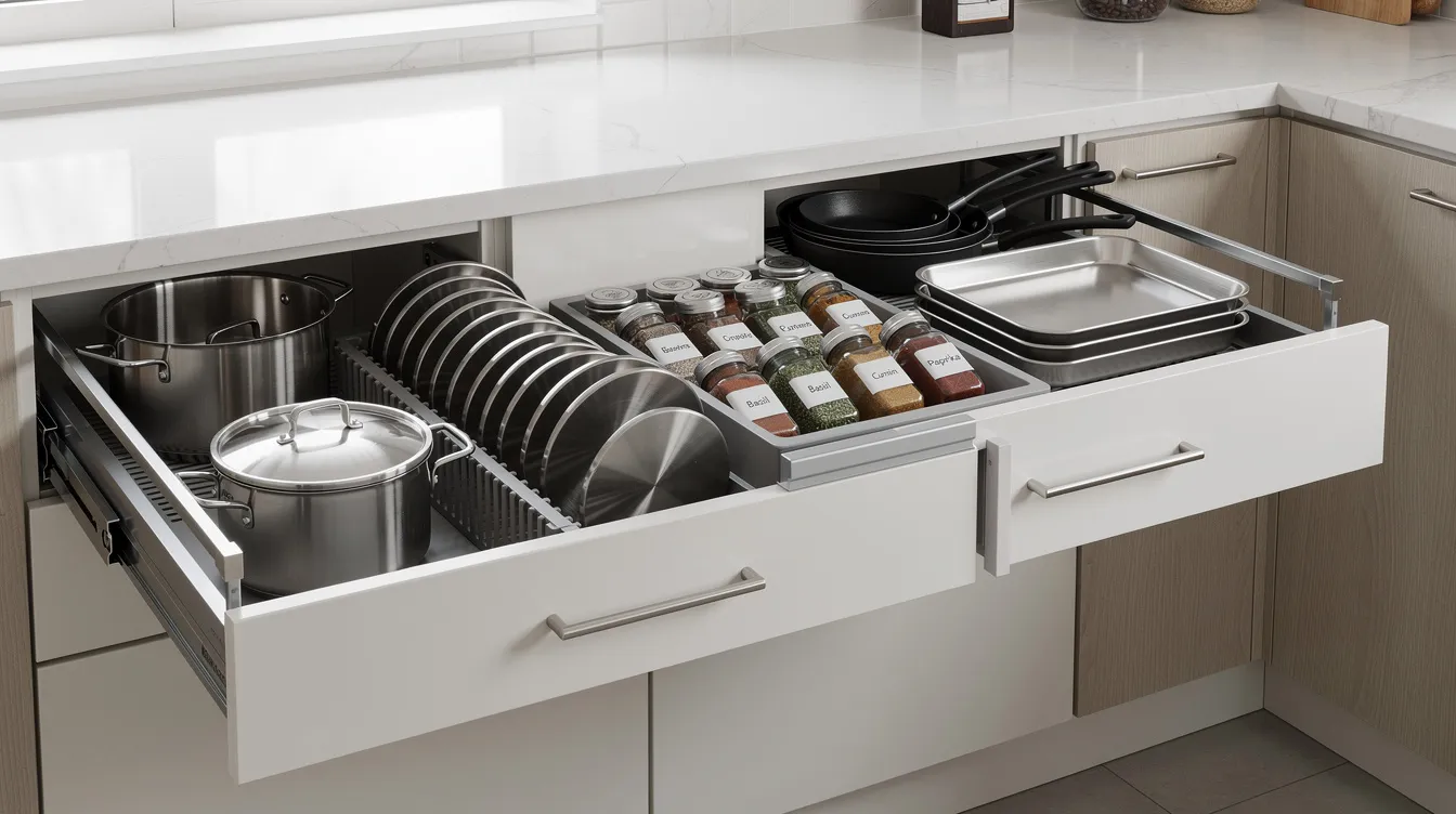 The image showcases organized pull-out drawers in a modern kitchen, filled with cookware like pots and pans, as well as neatly arranged spice jars. This functional storage solution enhances the kitchen's accessibility and design, contributing to effective kitchen remodeling and decor ideas.