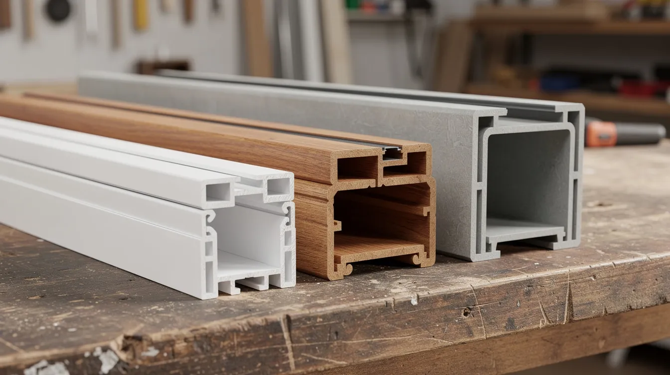 A row of various window frame samples made from vinyl, wood, and fiberglass is displayed on a workshop table, showcasing different styles and materials that can enhance a home's energy efficiency. These samples represent options for energy-efficient upgrades, designed to minimize heat loss and improve energy performance while potentially lowering energy bills.