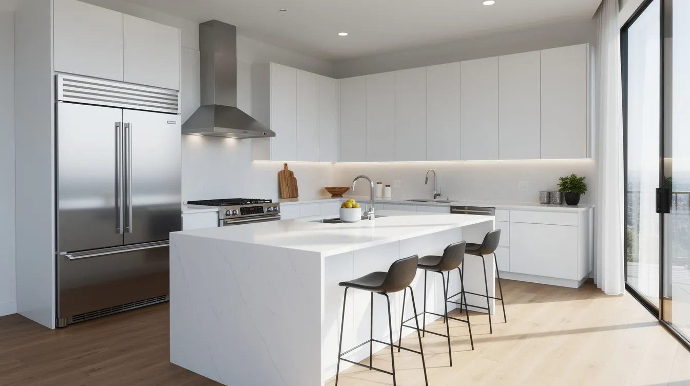 The image depicts a modern kitchen featuring sleek white cabinets, elegant quartz countertops, and high-end stainless steel appliances, all set in a spacious and well-lit open area. This stylish kitchen remodel showcases a functional layout that homeowners can customize according to their needs and budget.