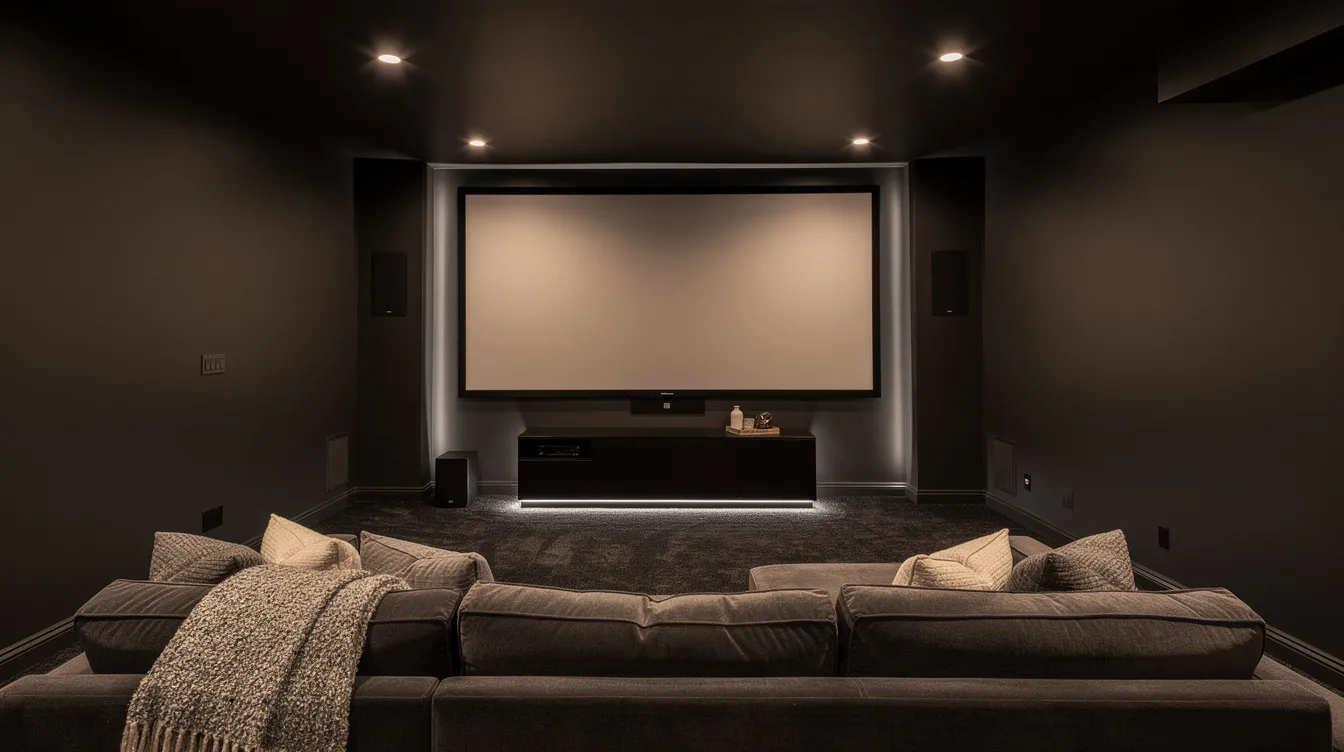 The image depicts a finished basement home theater featuring dark walls, recessed ceiling lights, and a large screen mounted on the wall, creating a cozy and functional space for family entertainment. This basement remodeling project showcases quality workmanship and high-quality materials, ideal for homeowners looking to enhance their basement space.