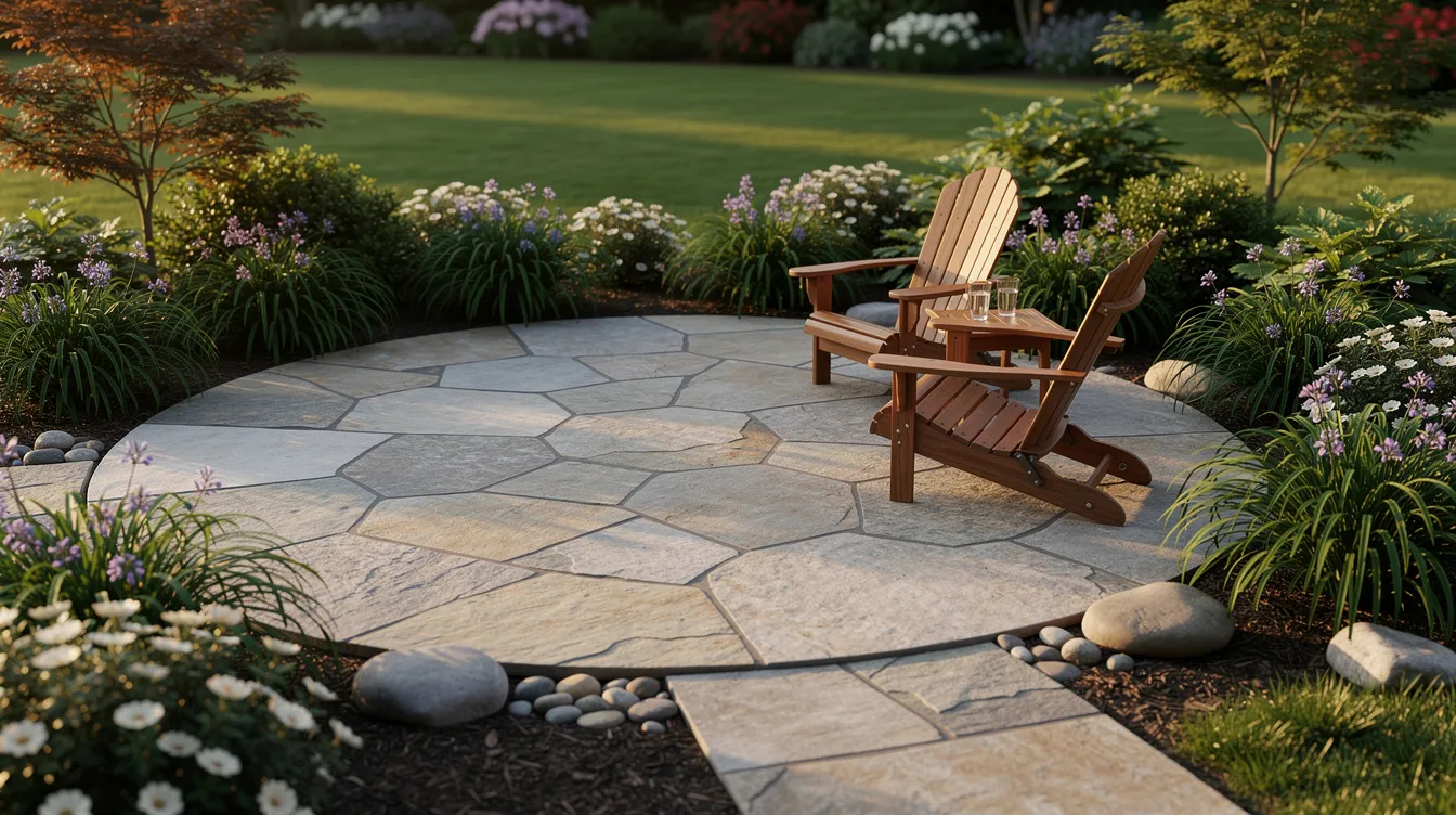 Stone patio with two wooden chairs in a landscaped garden surrounded by flowers and greenery