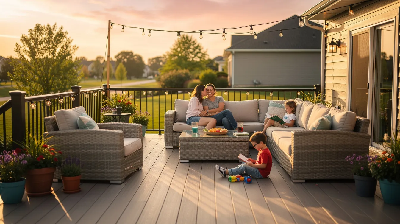 A family is enjoying a summer evening on a spacious composite deck made of durable composite materials, featuring comfortable outdoor furniture. The deck, designed with realistic wood grain patterns, provides an inviting outdoor living space that requires minimal upkeep.