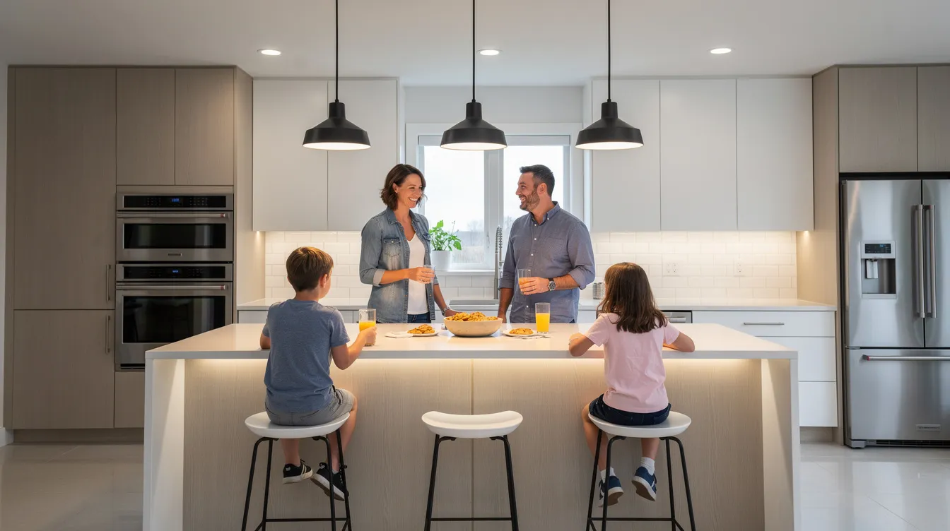 A family gathers in their beautifully renovated modern kitchen, featuring a spacious island and stylish pendant lighting. This inviting space showcases new cabinets, countertops, and appliances, highlighting the successful completion of their kitchen remodel project.
