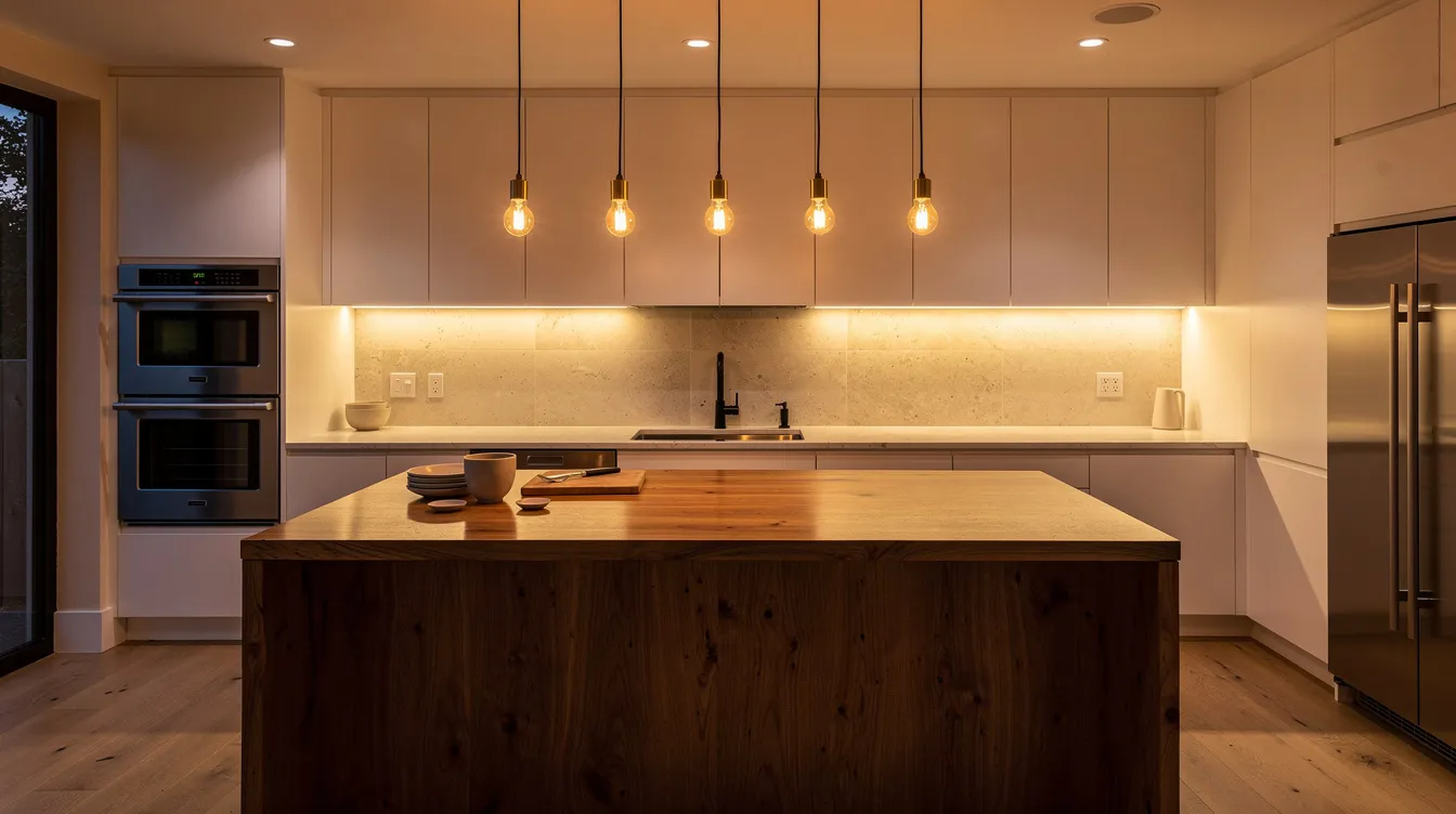 The image depicts a modern kitchen featuring warm pendant lights hanging over a wooden island, complemented by LED strips glowing beneath the wall cabinets. This inviting space showcases quartz countertops and open shelving, enhancing both functionality and kitchen decor.