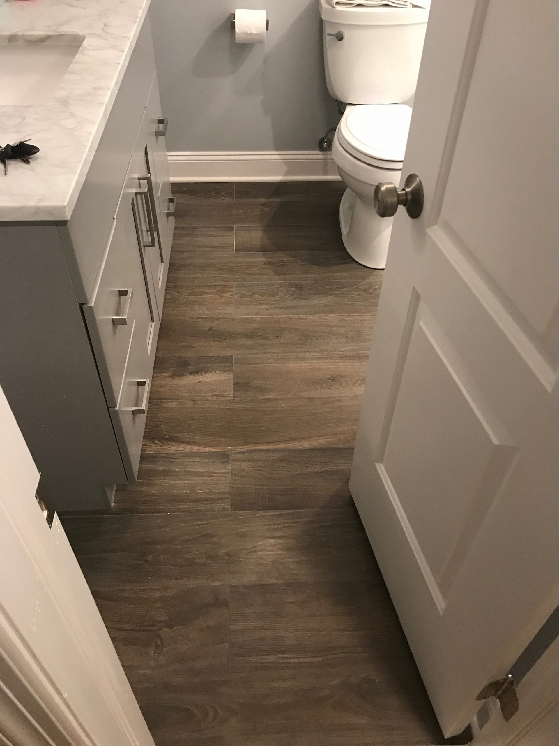 Narrow bathroom with wood-look floor, vanity on the left, and toilet beside an open door.