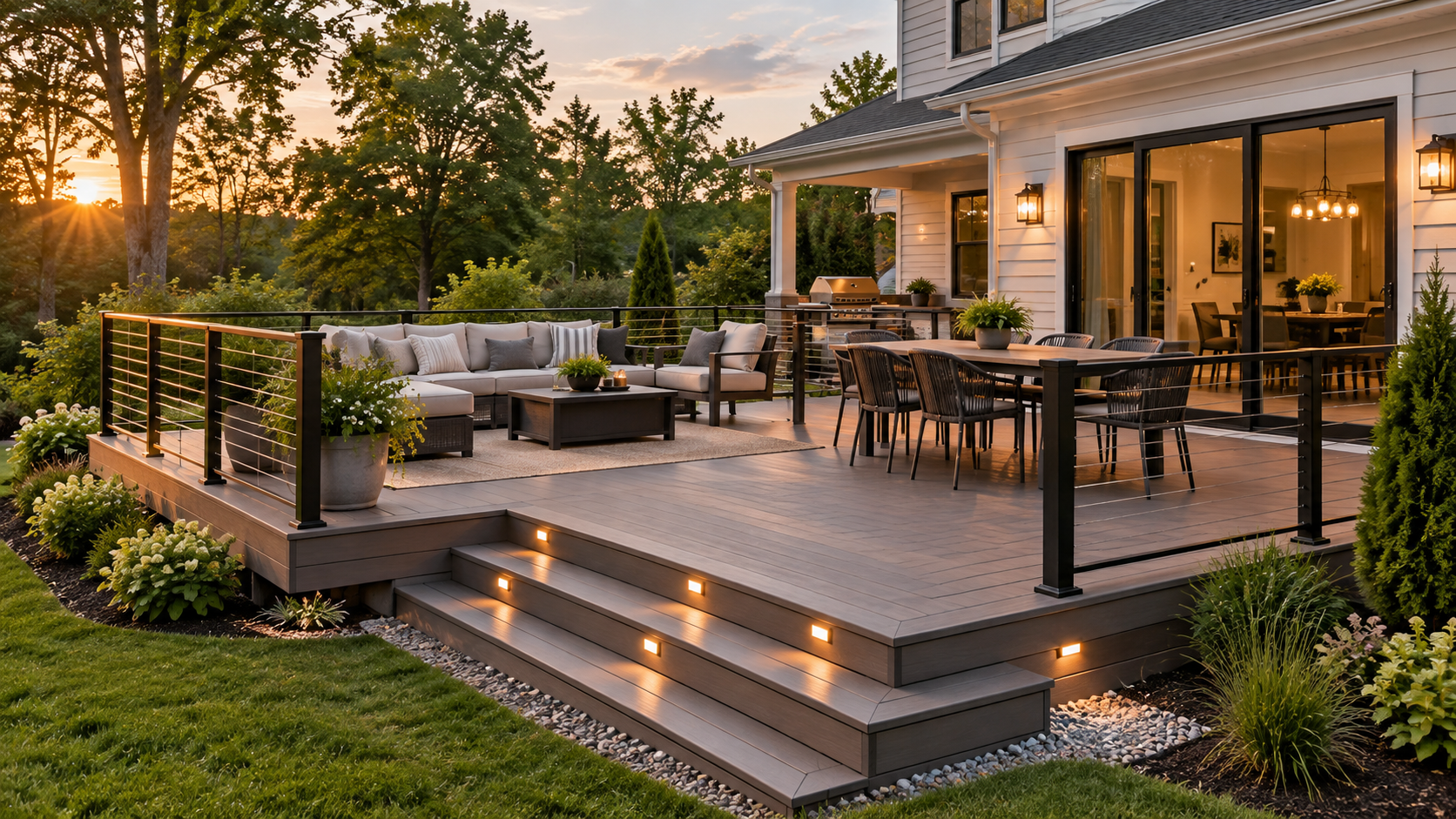 Modern patio with outdoor seating, string lights, and sunset view beside a house overlooking a manicured lawn.