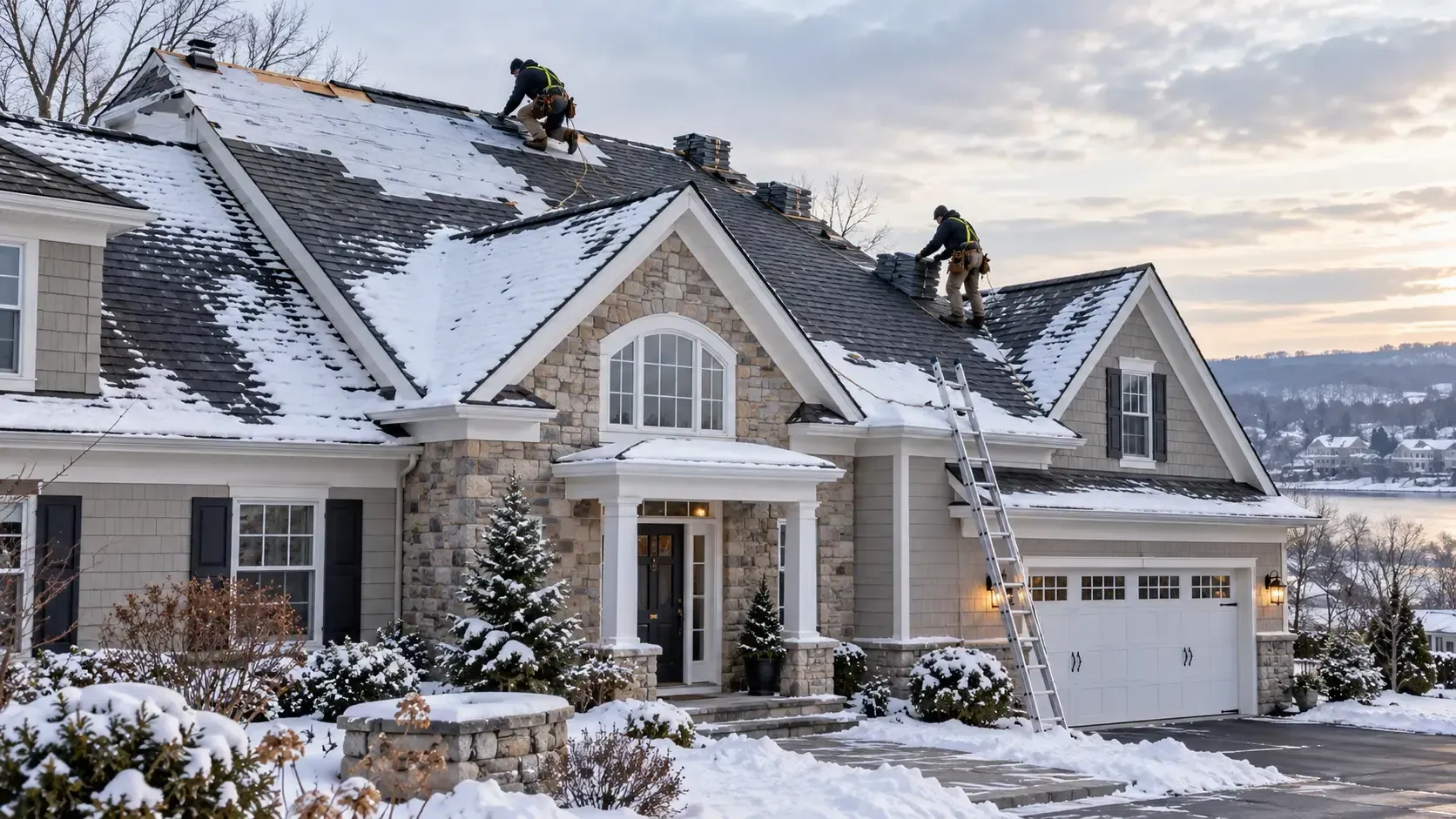 Winter roof replacement project on a snow-covered New Jersey home with roofing contractors