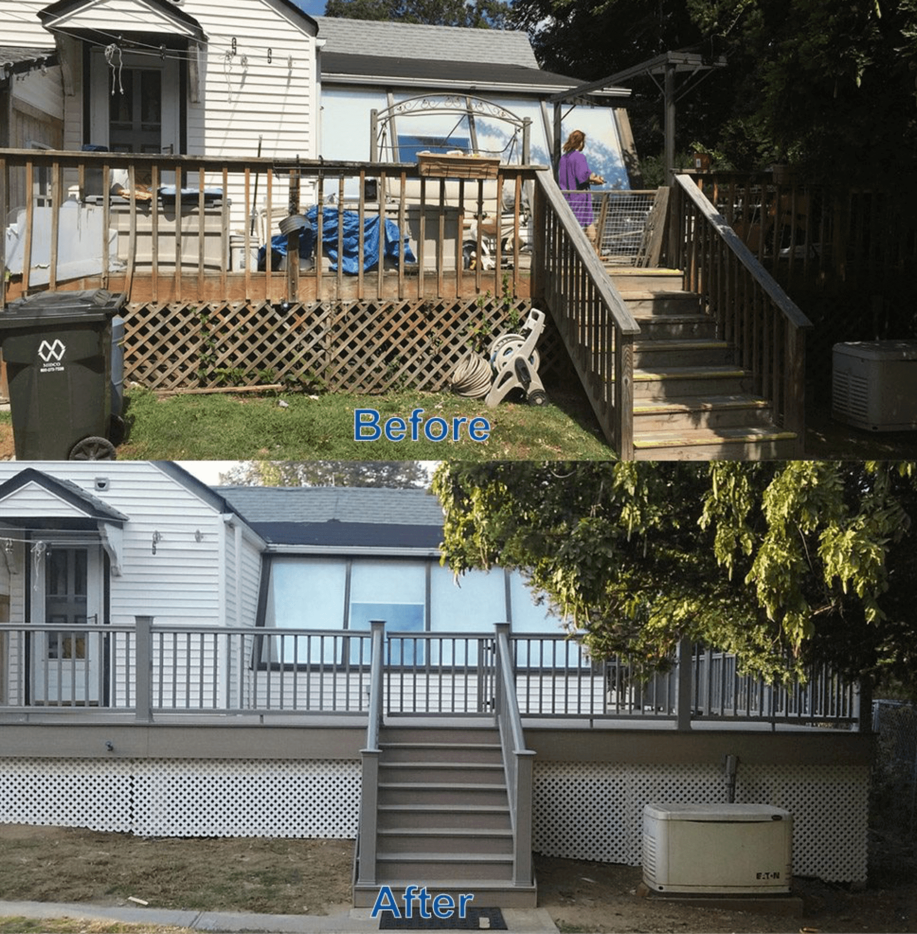 Before-and-after view of a house porch and stairs with a new raised deck and railing.