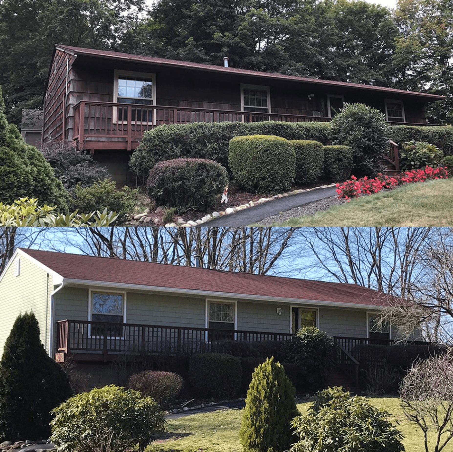 Two small homes with front porches and shrubs, one brick-red and one pale yellow, on a sunny day.