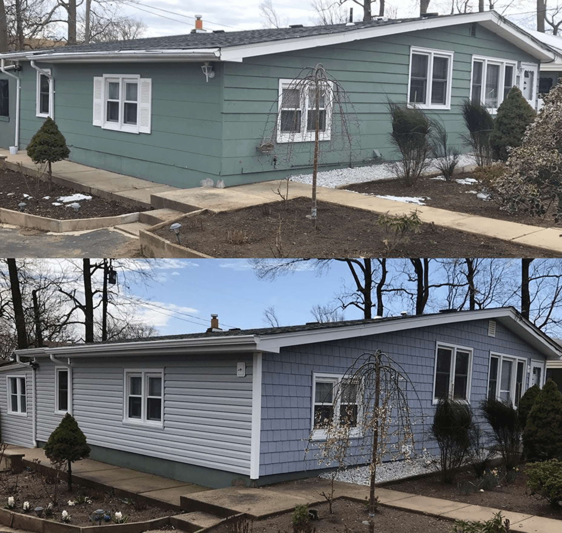 Before-and-after view of a house exterior, changing from green to light gray siding.