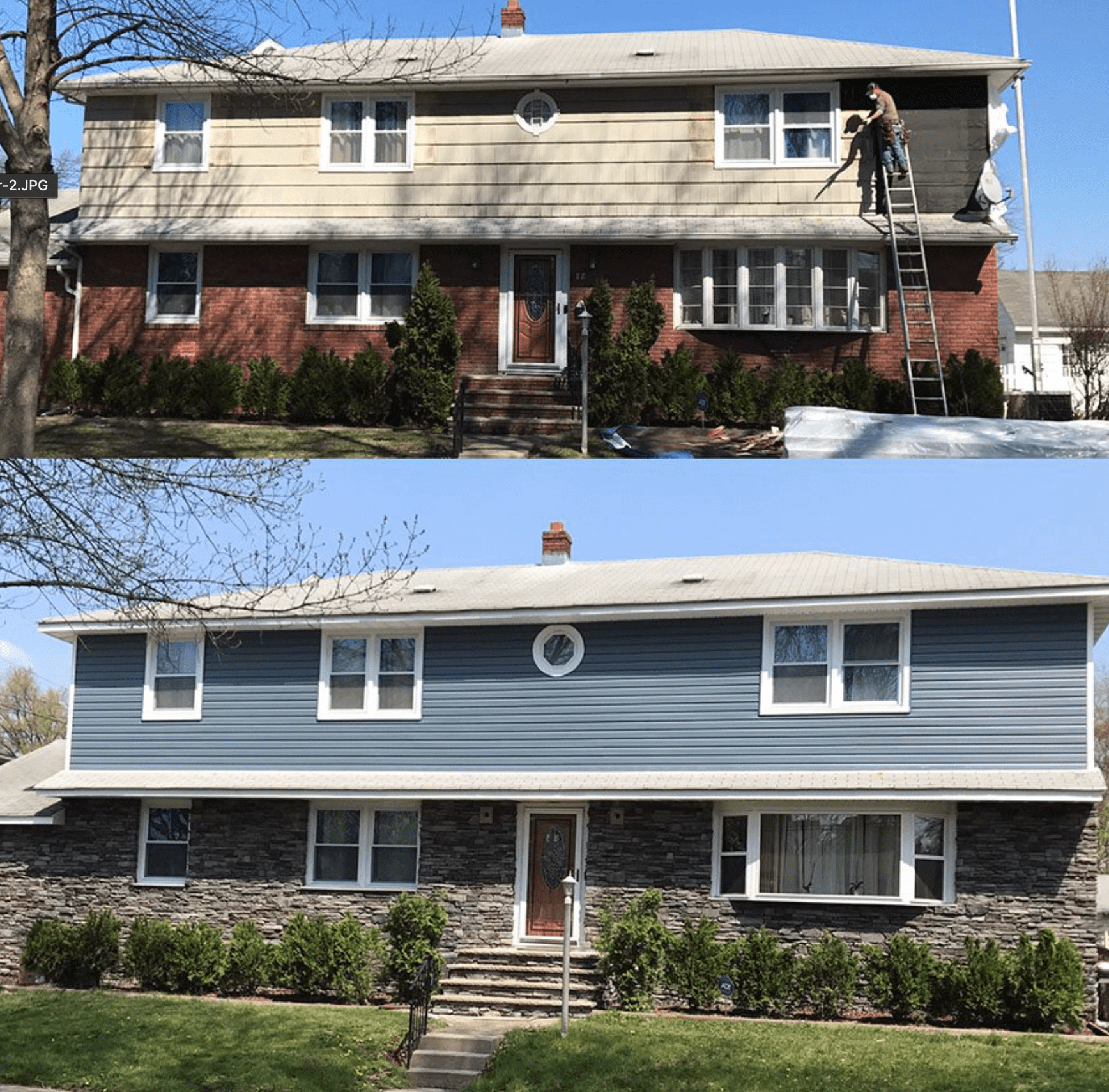 Before-and-after view of a house exterior renovation, with workers on a ladder in the top image.