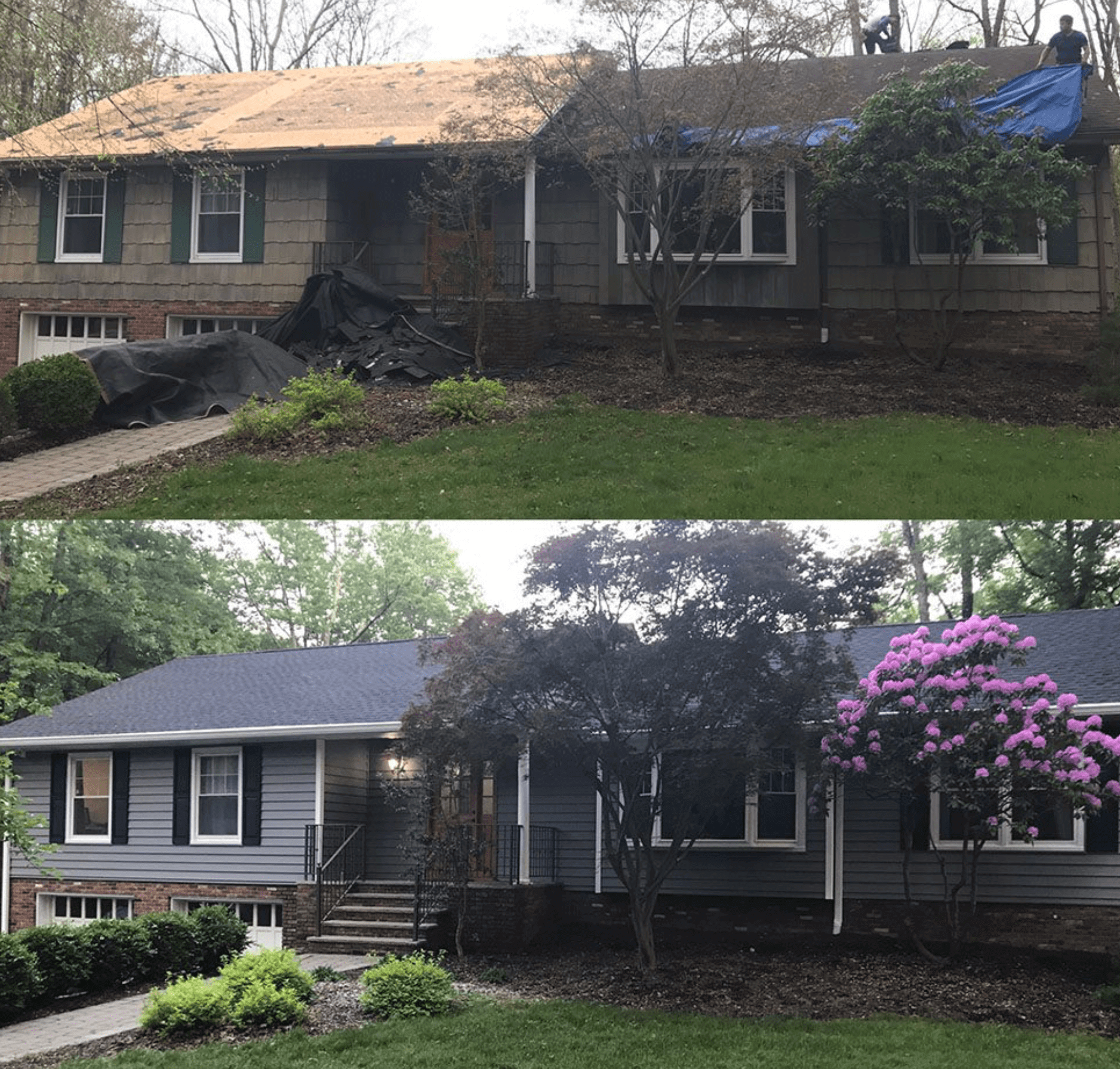 Before-and-after view of a house exterior with storm damage repaired, showing trees and updated siding.