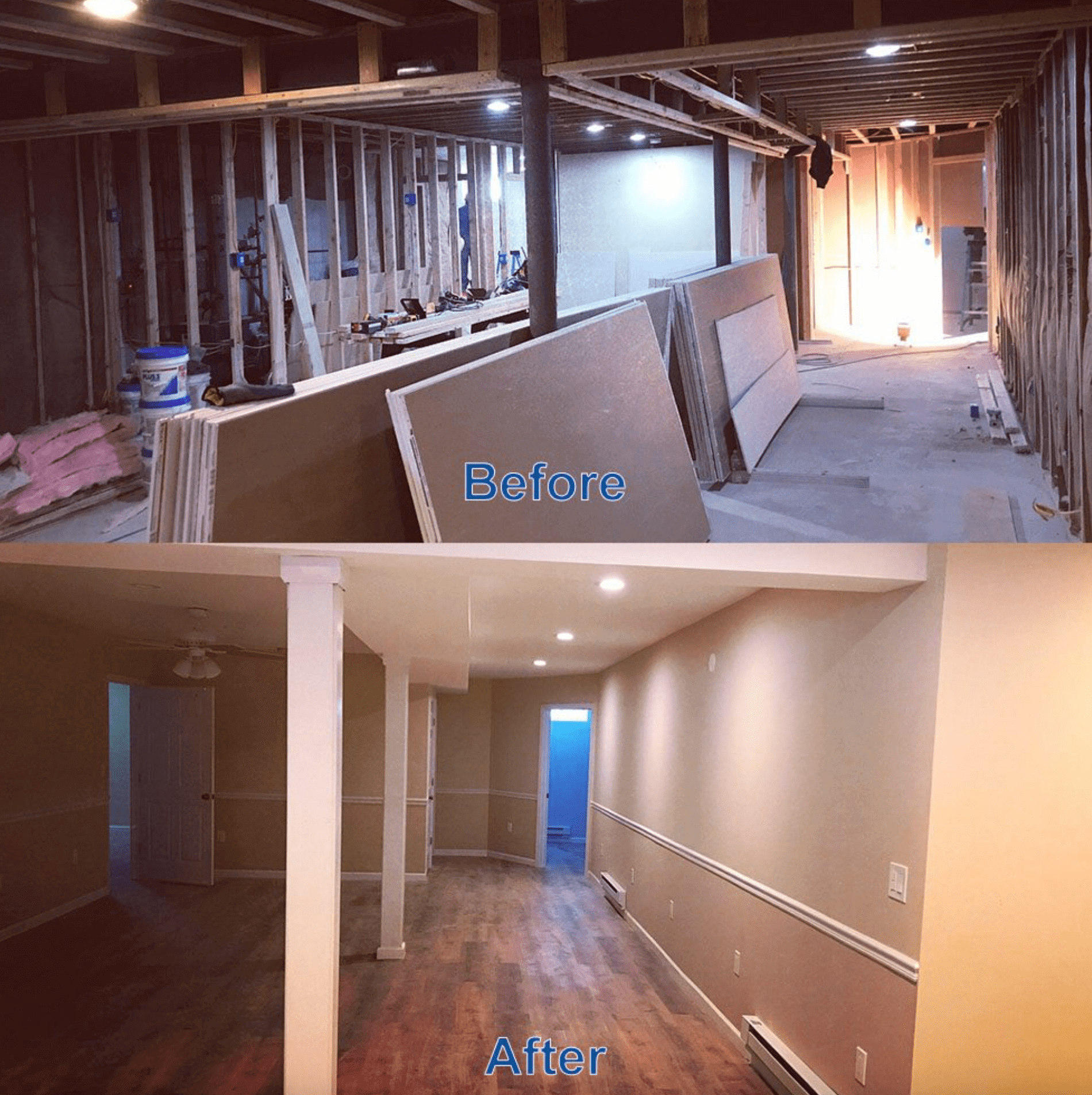 Before-and-after basement renovation: unfinished space above, bright finished hallway below.