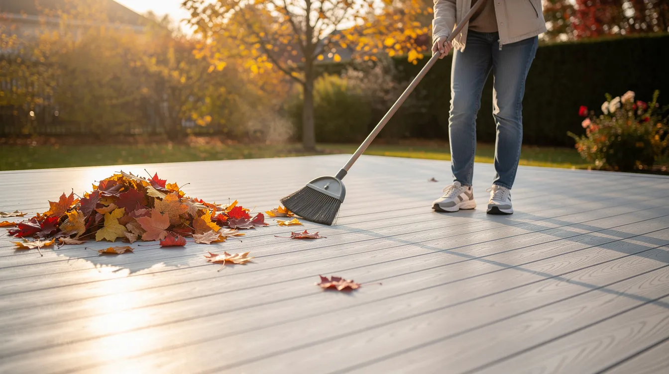 A person is sweeping leaves off a clean composite deck made of durable composite materials on a crisp autumn day, showcasing the realistic wood grain of the decking boards. The scene highlights the low maintenance aspect of composite decking, ideal for outdoor living spaces during this seasonal transition.