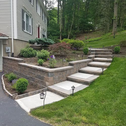 Landscaped side yard with stone steps, retaining wall, and green lawn beside a house
