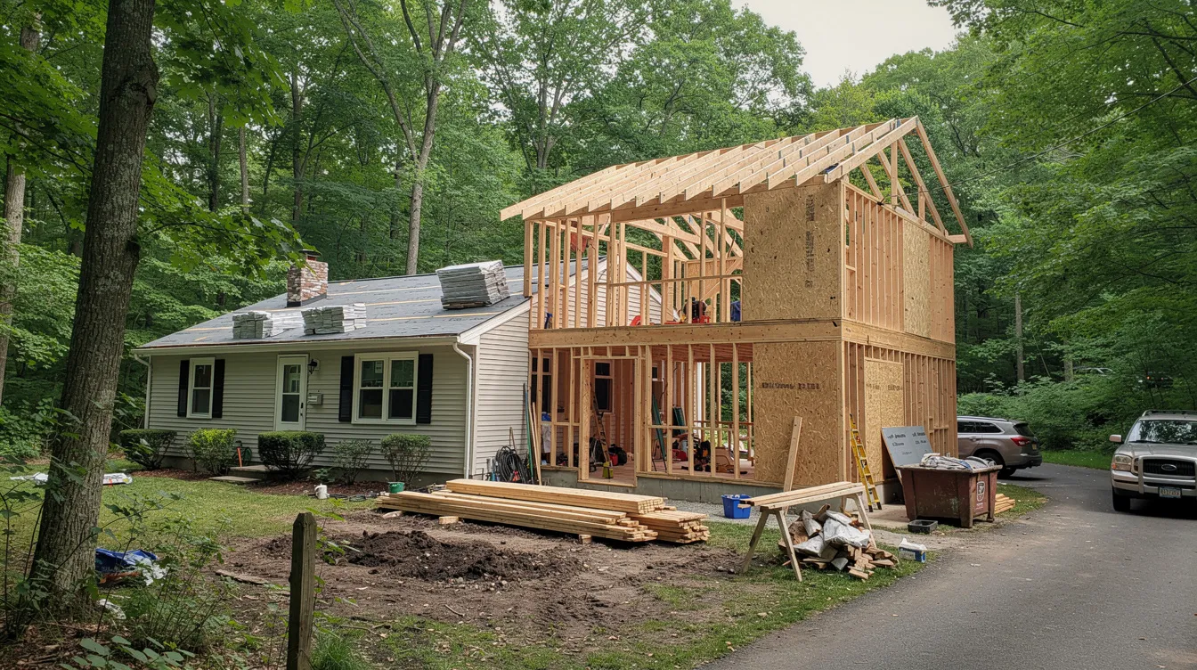 House beside a new wooden addition under construction in a wooded driveway