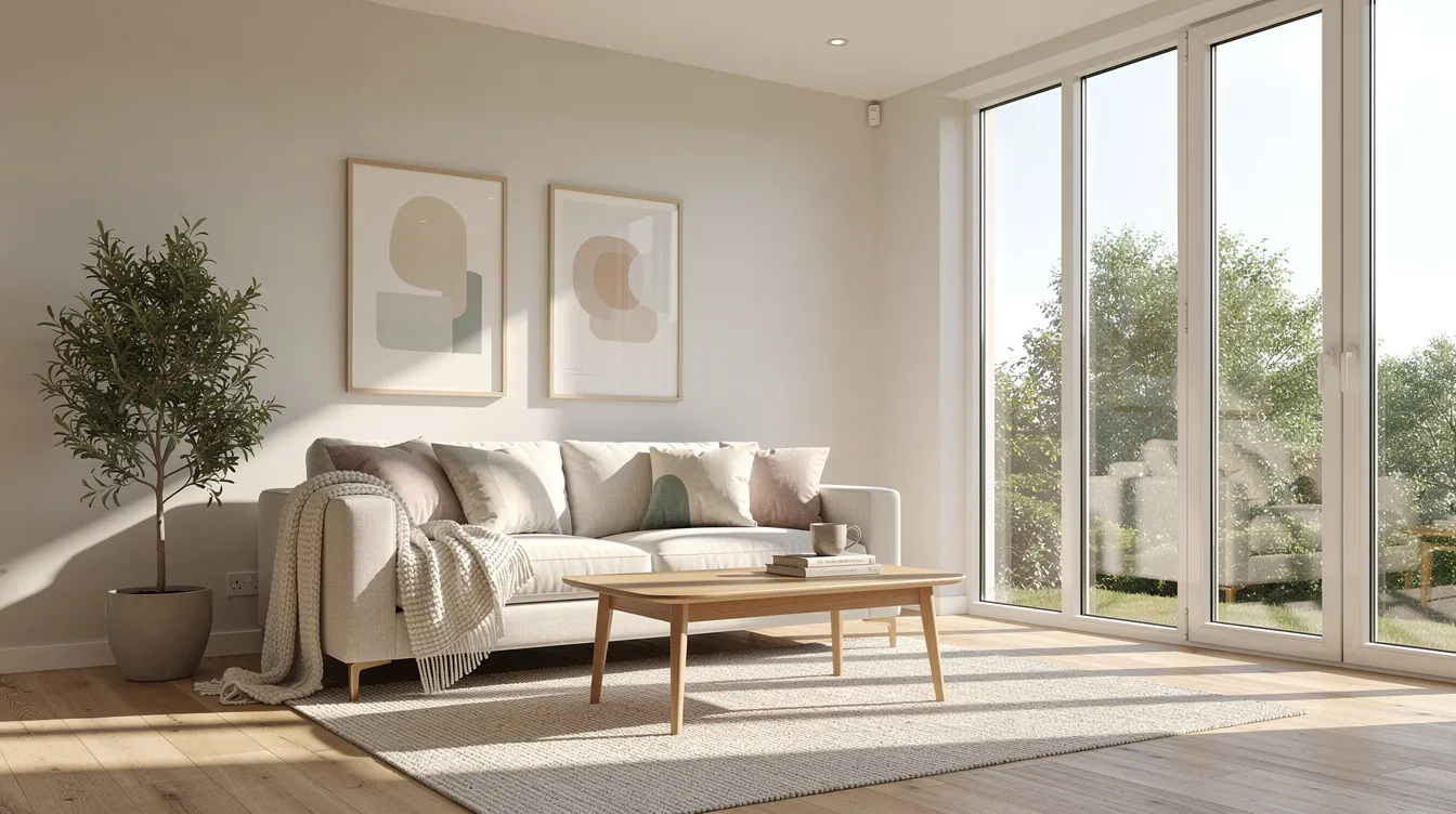 The image depicts a bright and cozy living room featuring large energy efficient windows that allow abundant natural daylight to fill the space. The windows are designed to maximize energy efficiency, contributing to lower energy bills and enhanced comfort within the home.