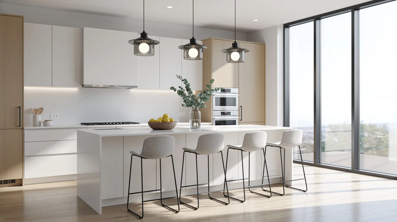 Modern white kitchen with island, bar stools, pendant lights, and floor-to-ceiling windows.