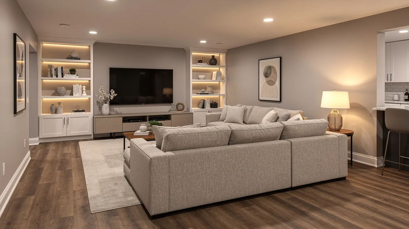 The image features a modern finished basement living area that showcases warm recessed lighting, luxury vinyl plank flooring, and comfortable furniture, creating a cozy and inviting space for family gatherings. This finished basement exemplifies quality workmanship and thoughtful design, ideal for homeowners looking to enhance their basement remodeling projects.