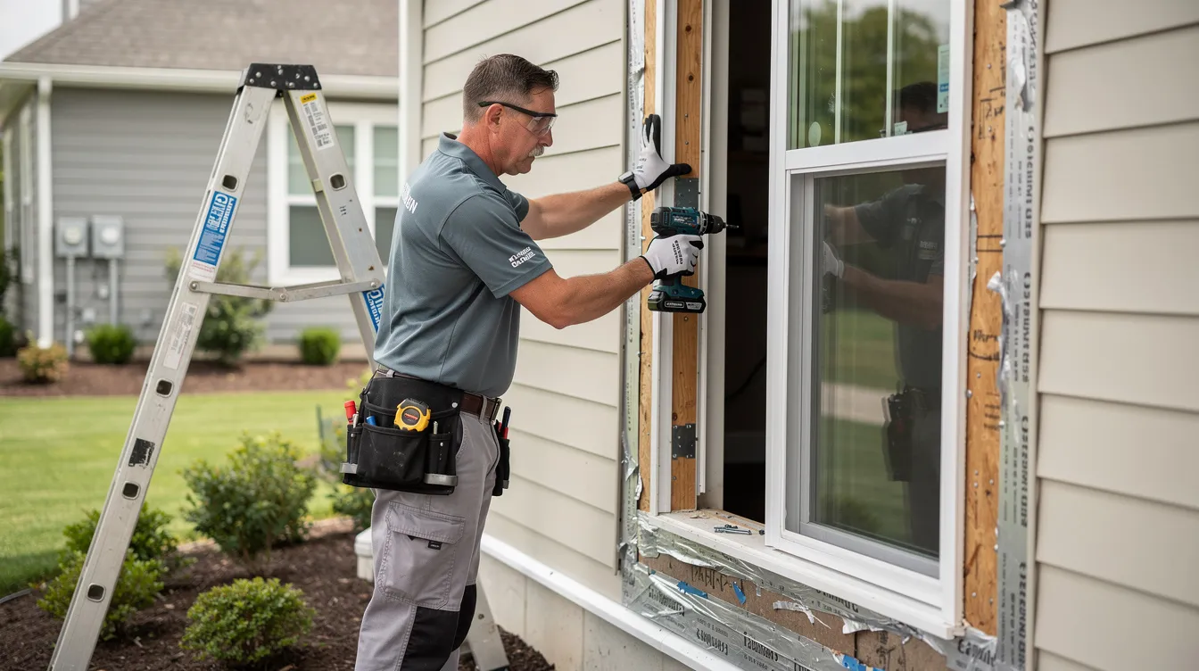 A professional contractor is carefully installing a new energy-efficient replacement window in the exterior of a residential home, ensuring proper installation to maximize the home's energy efficiency and minimize heat loss. The window features multiple panes for better insulation, contributing to lower energy bills and improved comfort.