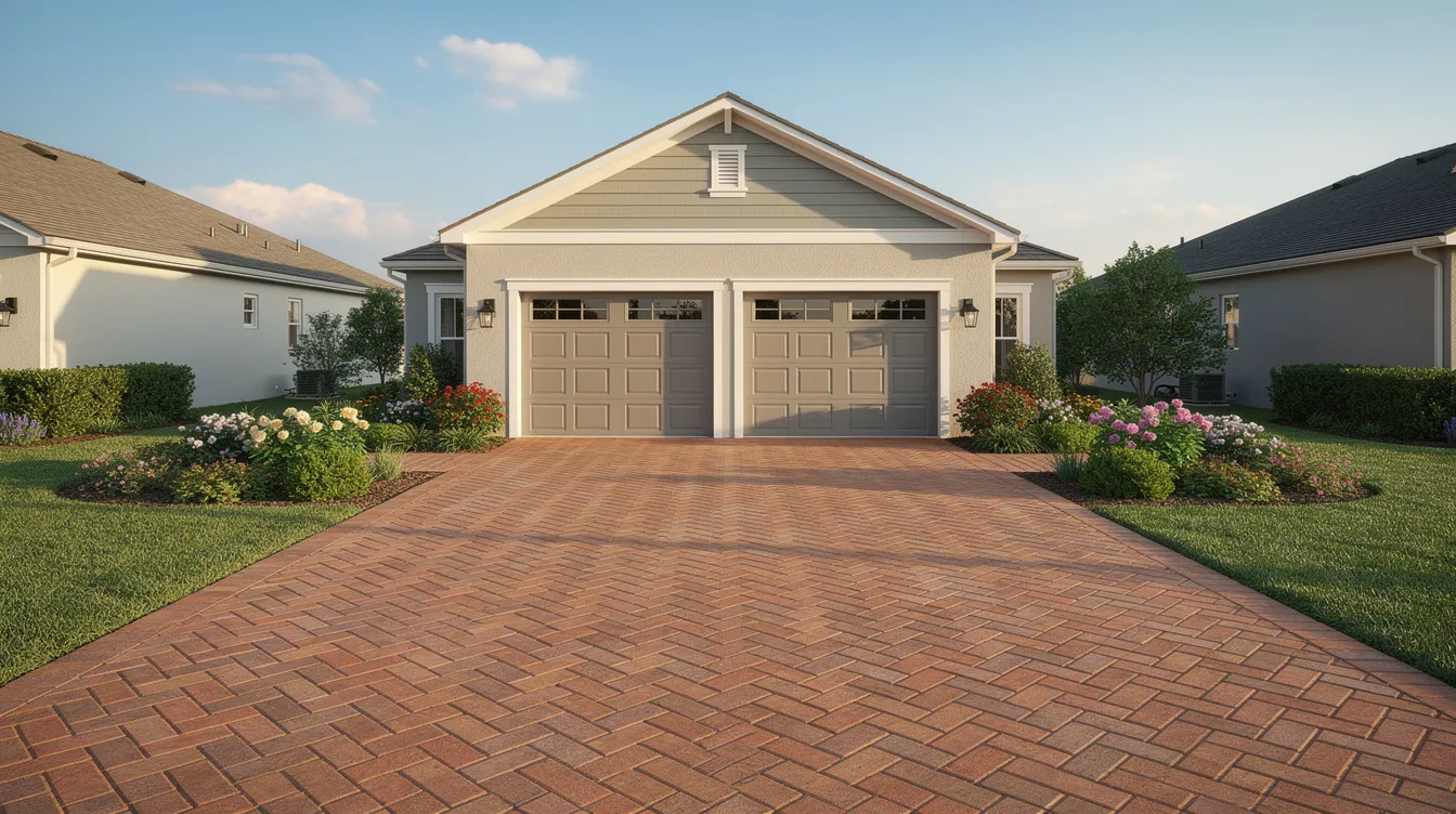 The image features a herringbone-pattern driveway made of durable concrete pavers, leading to a two-car garage of a suburban home. This stylish design enhances the aesthetic appeal of the outdoor space while providing a polished look to the property.