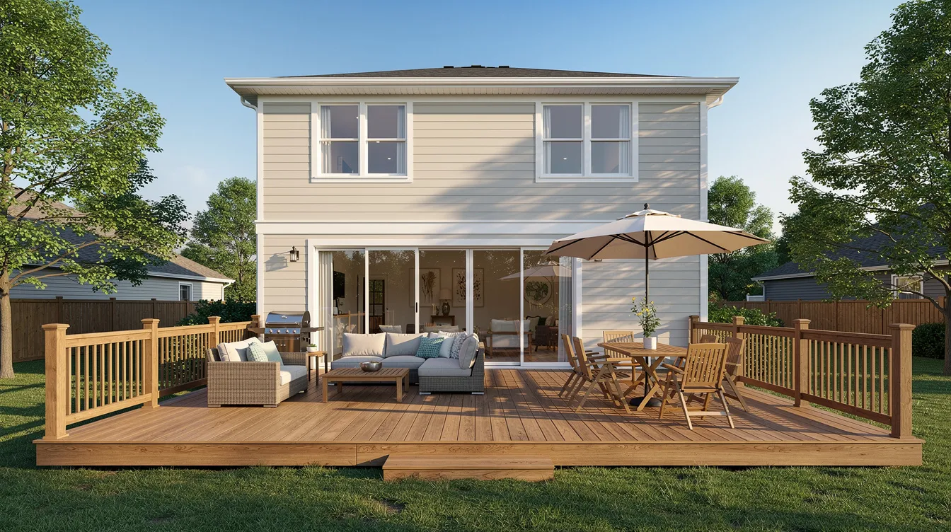 The image depicts a wooden deck furnished with outdoor furniture, attached to the back of a two-story house, surrounded by lush green trees in a suburban neighborhood. This outdoor living space serves as a great solution for a growing family looking to expand their existing home and create additional living space.