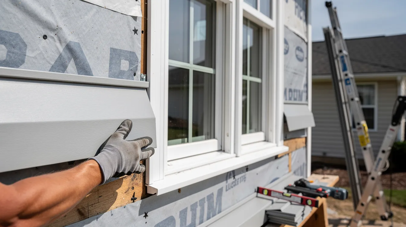 A close-up view showcases the installation of vinyl siding and energy-efficient windows on the exterior of an existing home, highlighting the construction process as part of a home addition project aimed at creating additional living space for a growing family. This transformation reflects the vision of homeowners seeking to enhance their dream home with cost-effective solutions.