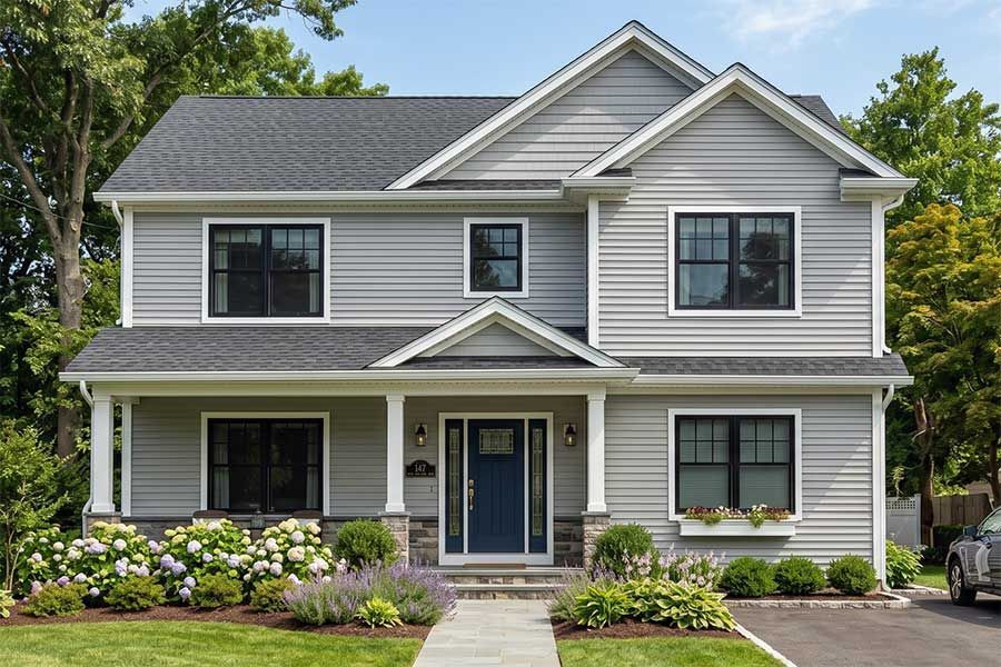 Two-story gray house with white trim, front porch, landscaped garden, and a central walkway.