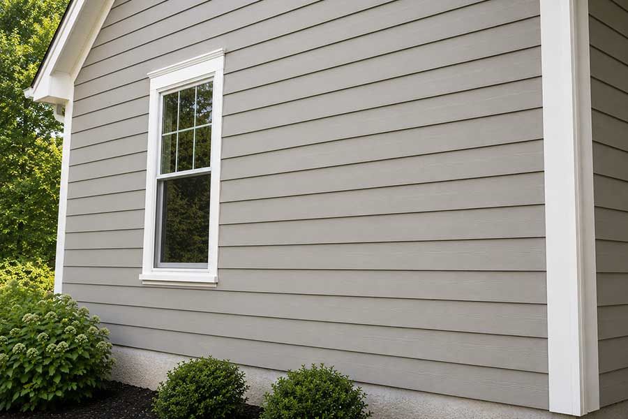 Gray house siding with a white-trimmed window and shrubs below