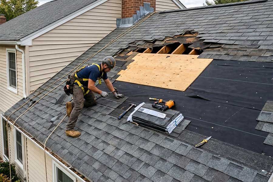 Roofing worker installing underlayment on a sloped house roof with shingles removed around an opening