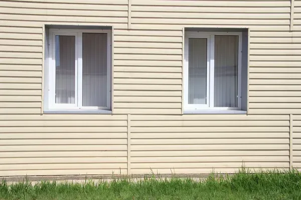 Two white-framed windows on a beige house wall above green grass